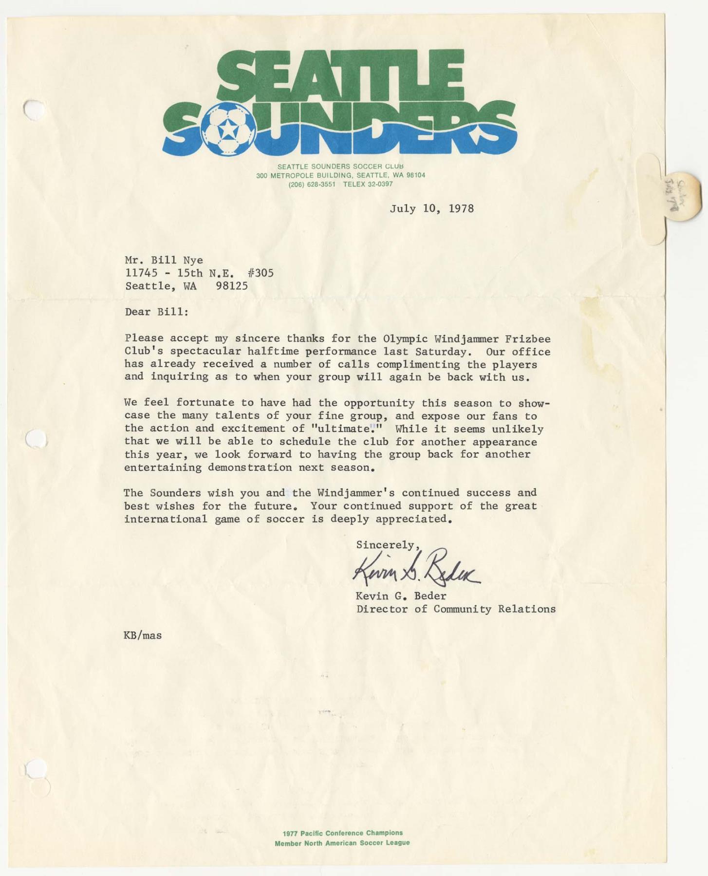 Image of Letter from Seattle Sounders Community Relations to Bill Nye, July 10, 1978