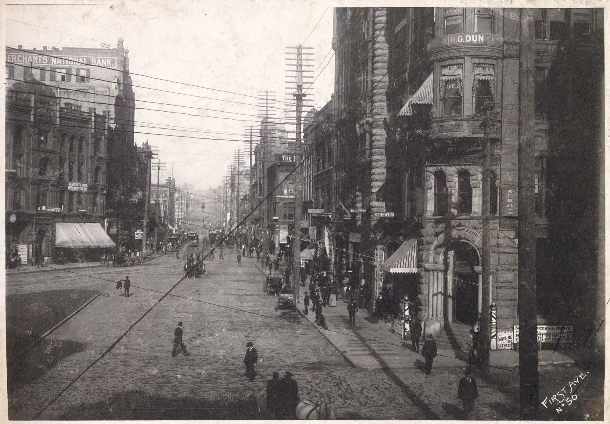 Image of First Avenue from Pioneer Square, Seattle, circa 1895