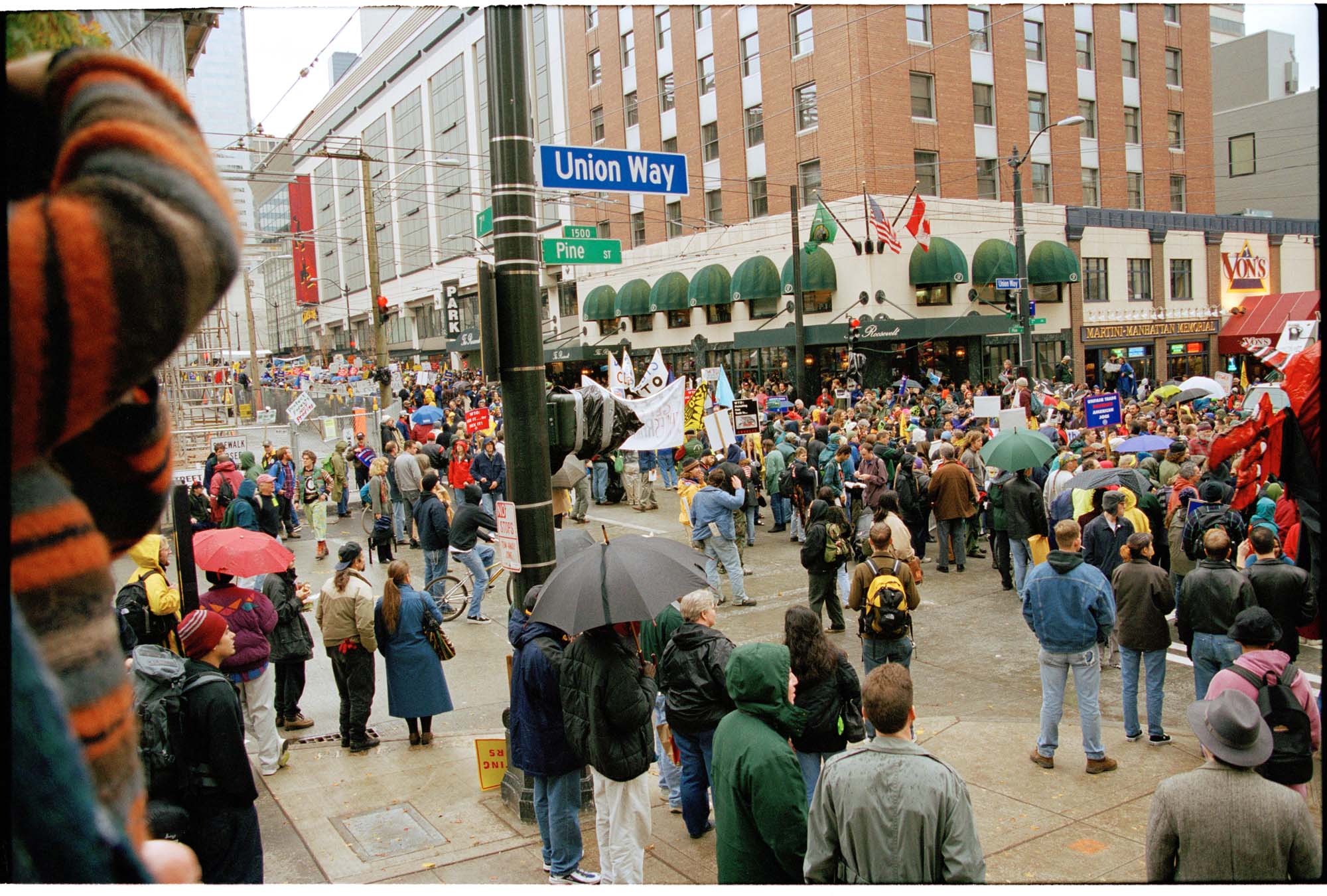 Image of Union Way street sign at WTO protests, Seattle, November 30, 1999