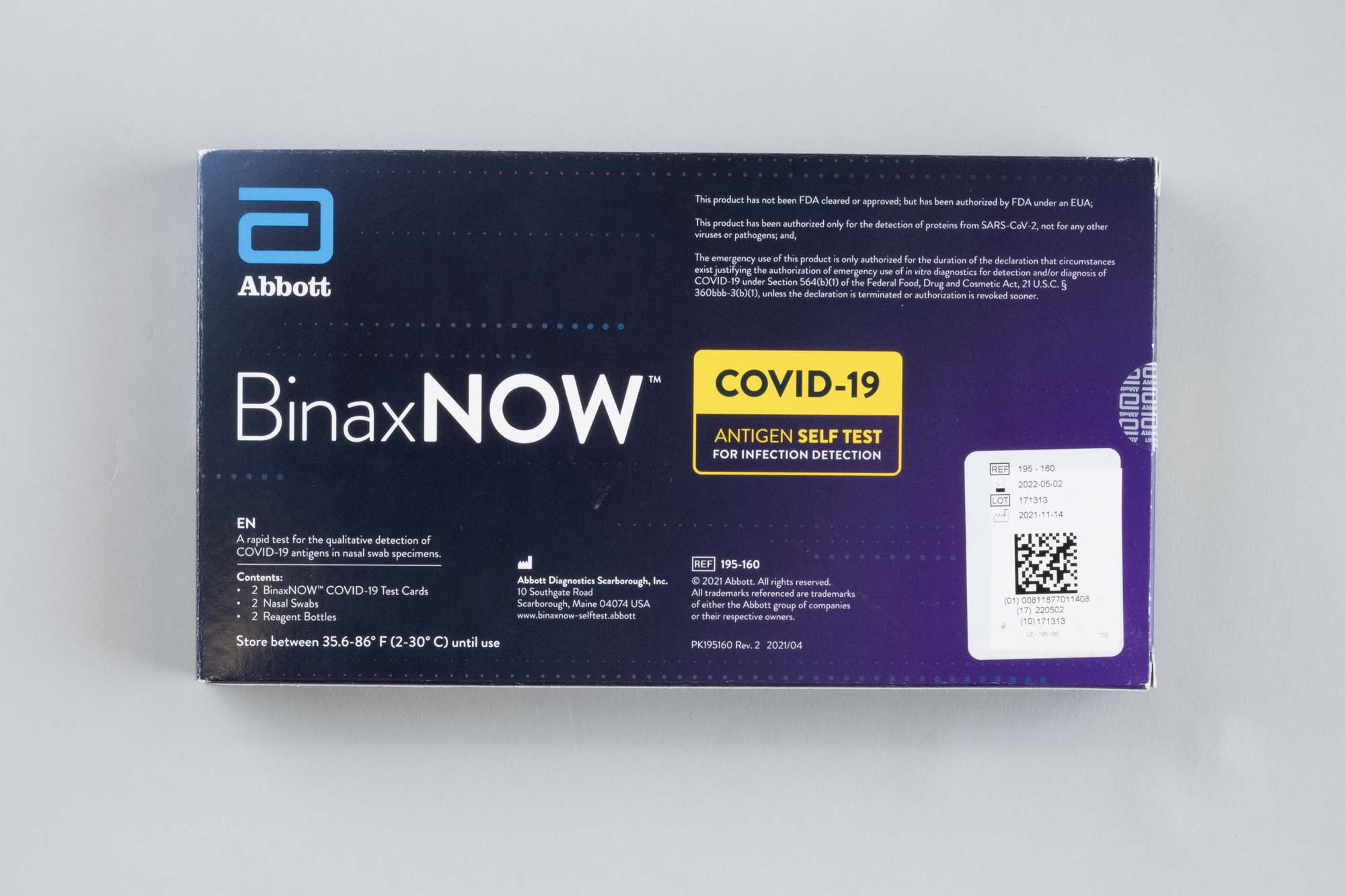 Image of Box for BinaxNow COVID-19 home tests, 2021