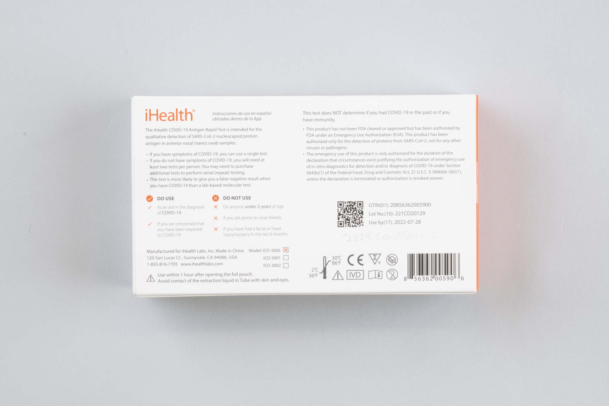 Image of Box for iHealth COVID-19 home tests, 2021