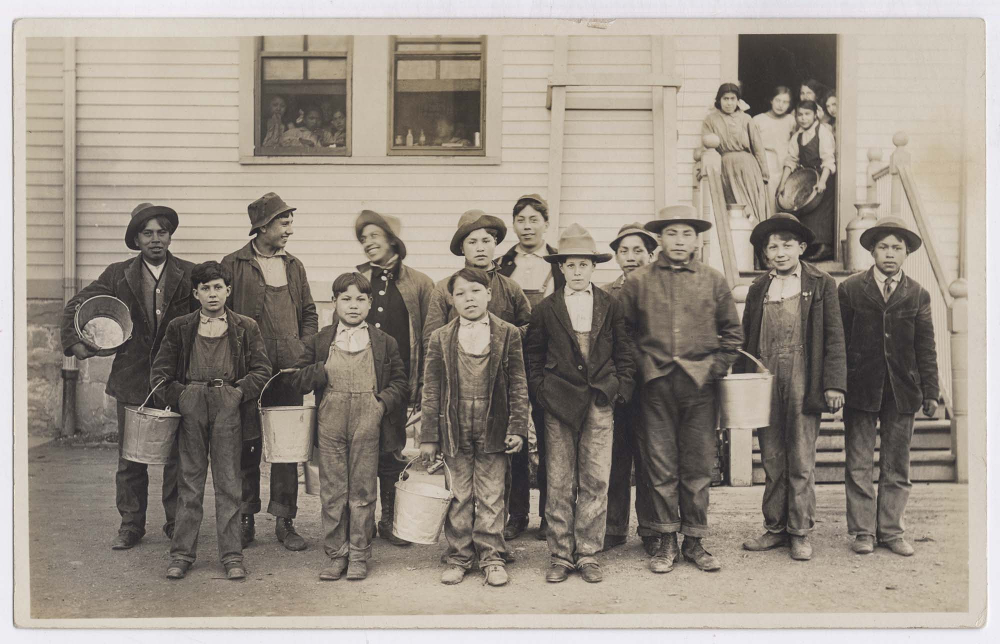 Image of Boys with buckets, Tulalip Indian School, circa 1912