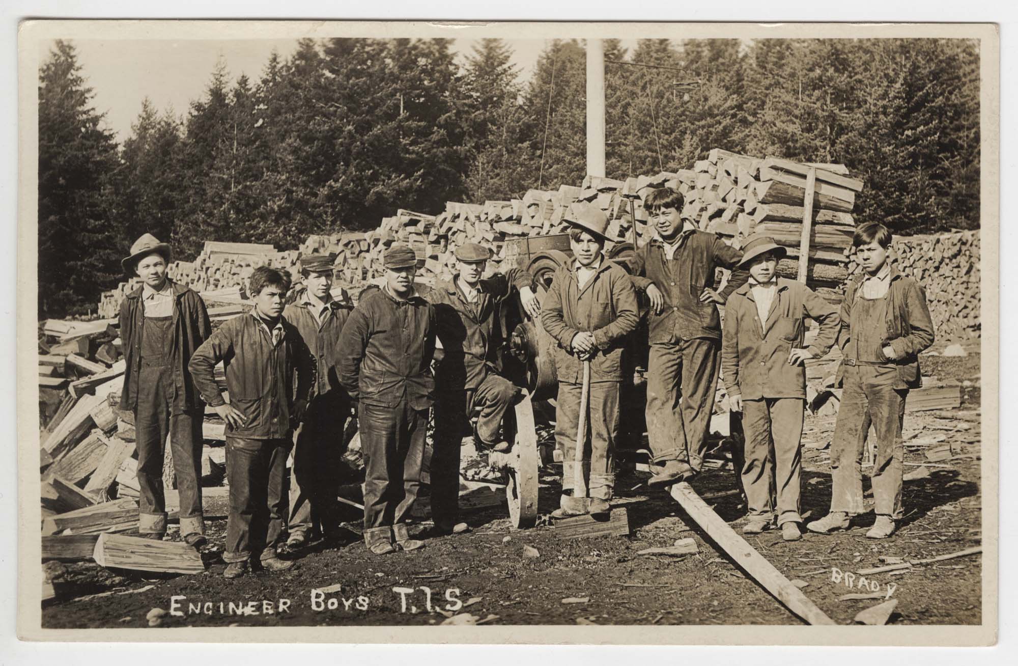 Image of Wood chopping crew, Tulalip Indian School, circa 1912