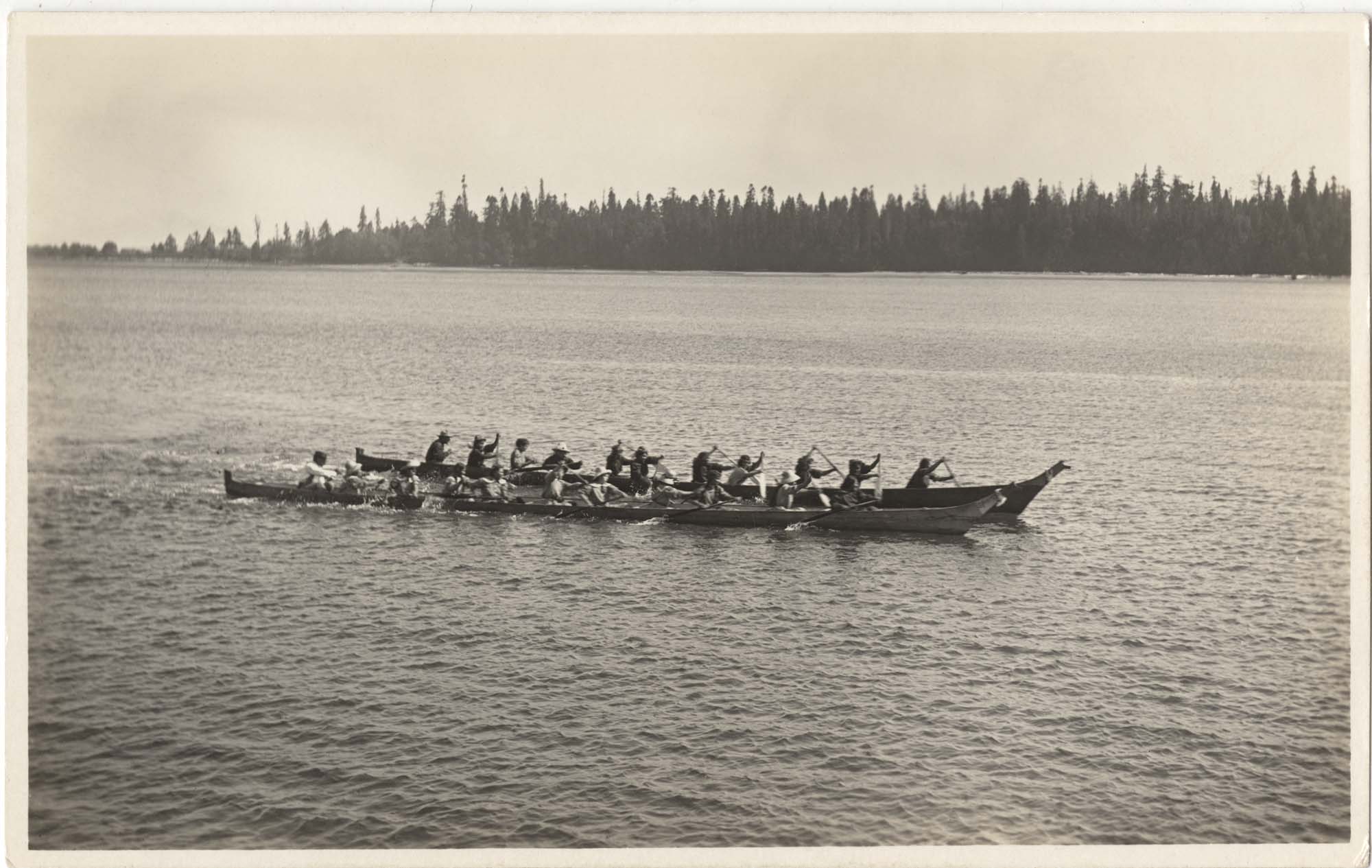 Image of Two racing canoes, Tulalip Bay, circa 1912
