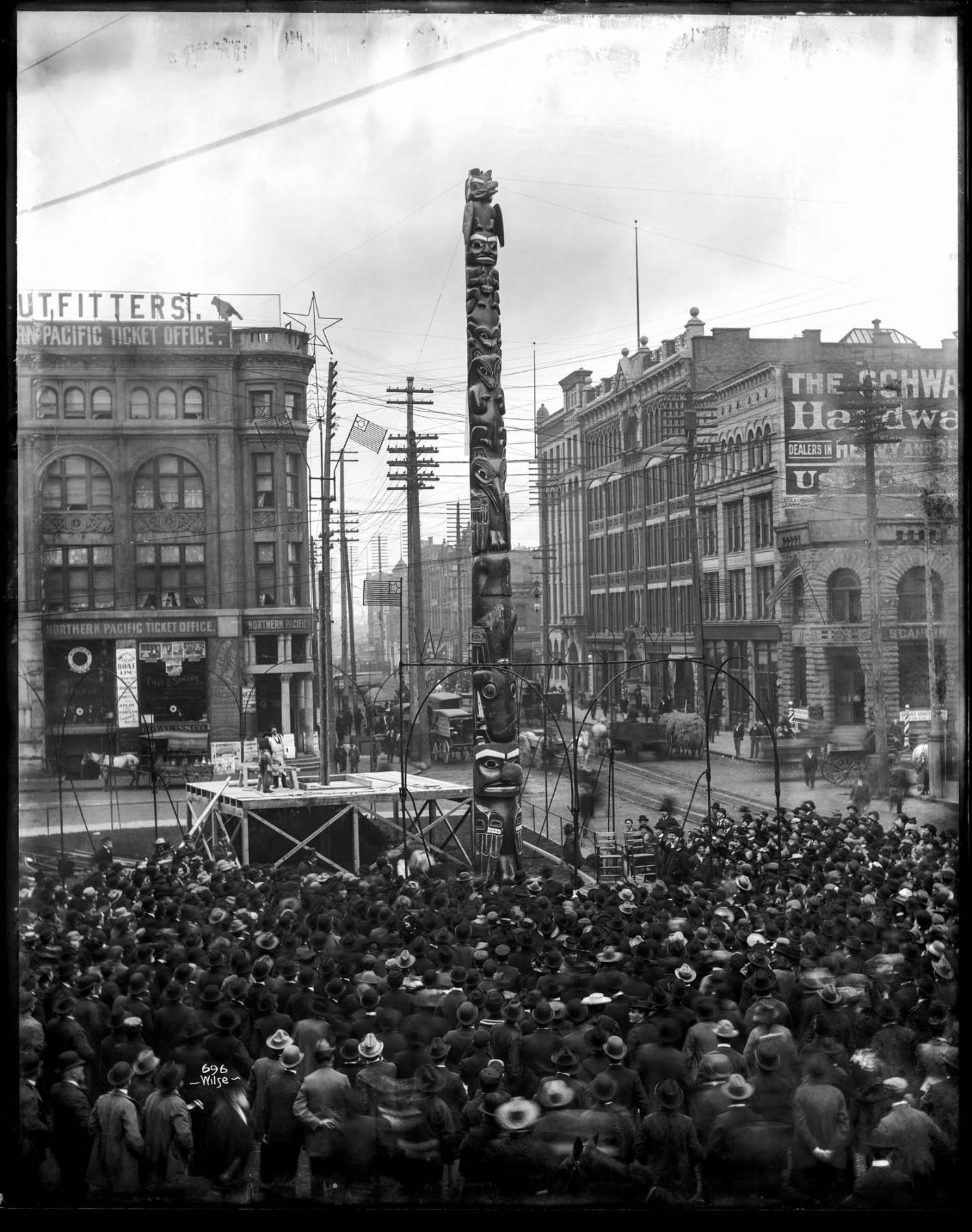 Image of Unveiling the totem pole at Pioneer Square, Seattle, 1899