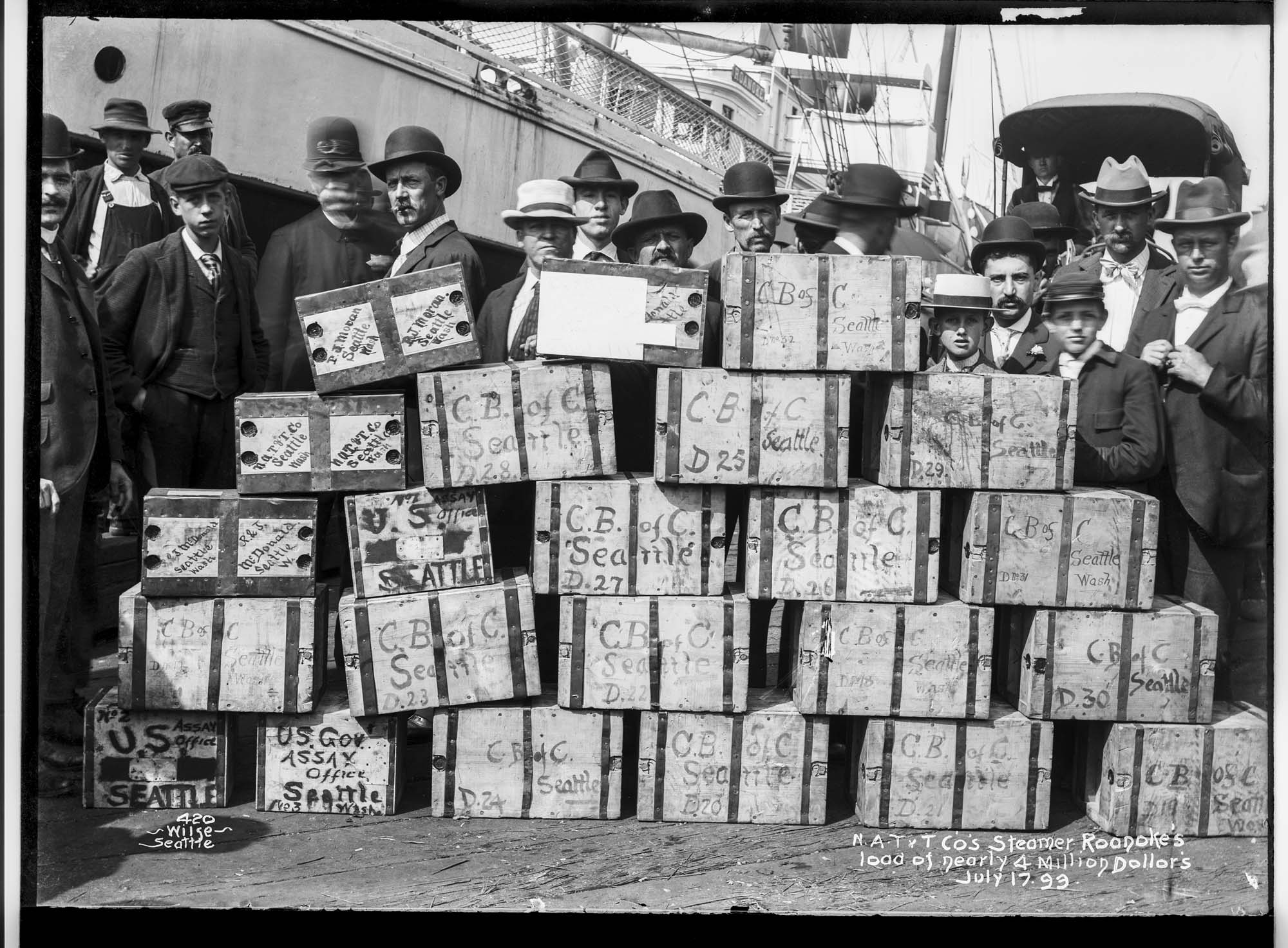 Image of Cargo of gold at Seattle waterfront, July 17, 1899