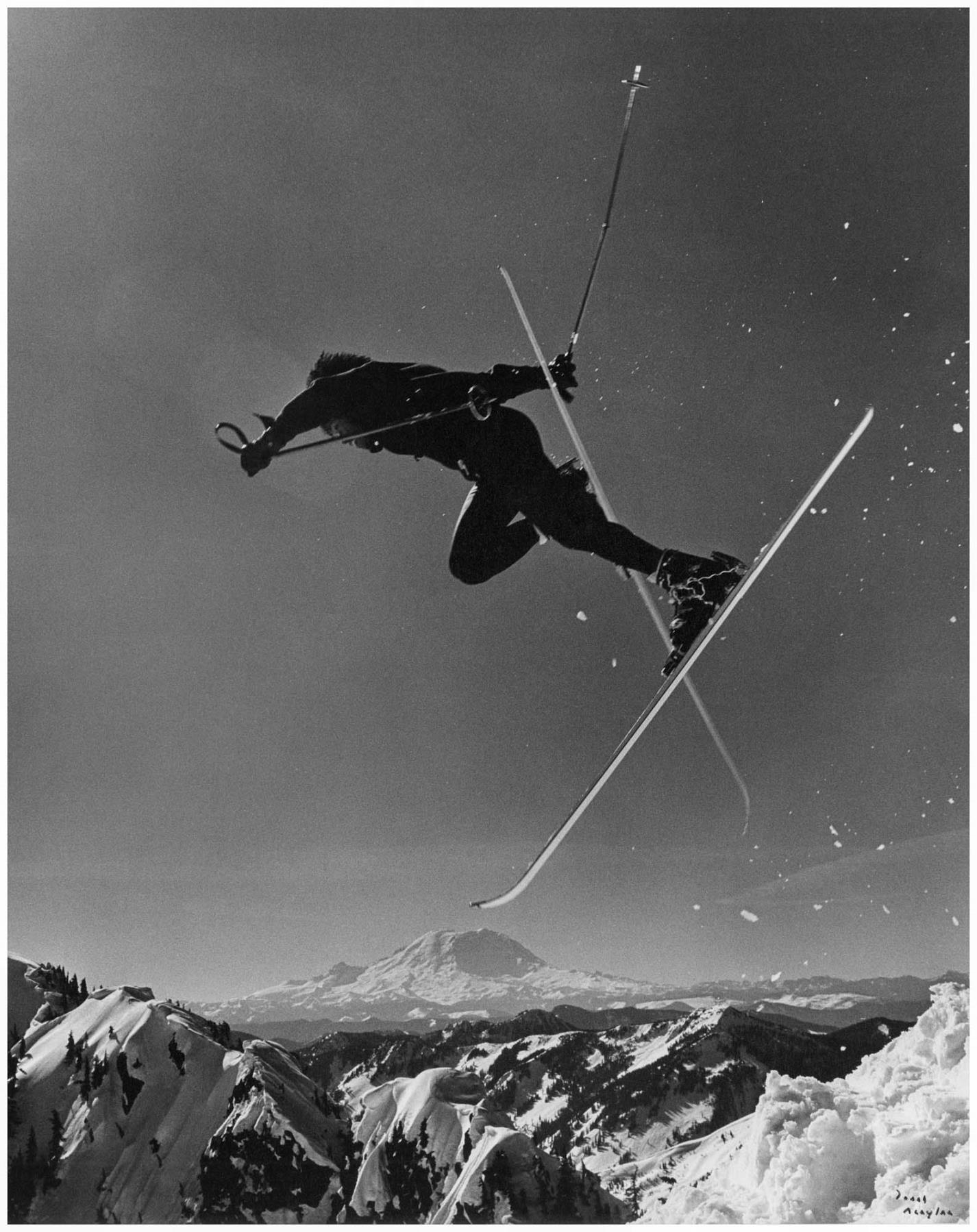 Image of University of Washington ski team member about to crash, Alpental, 1976
