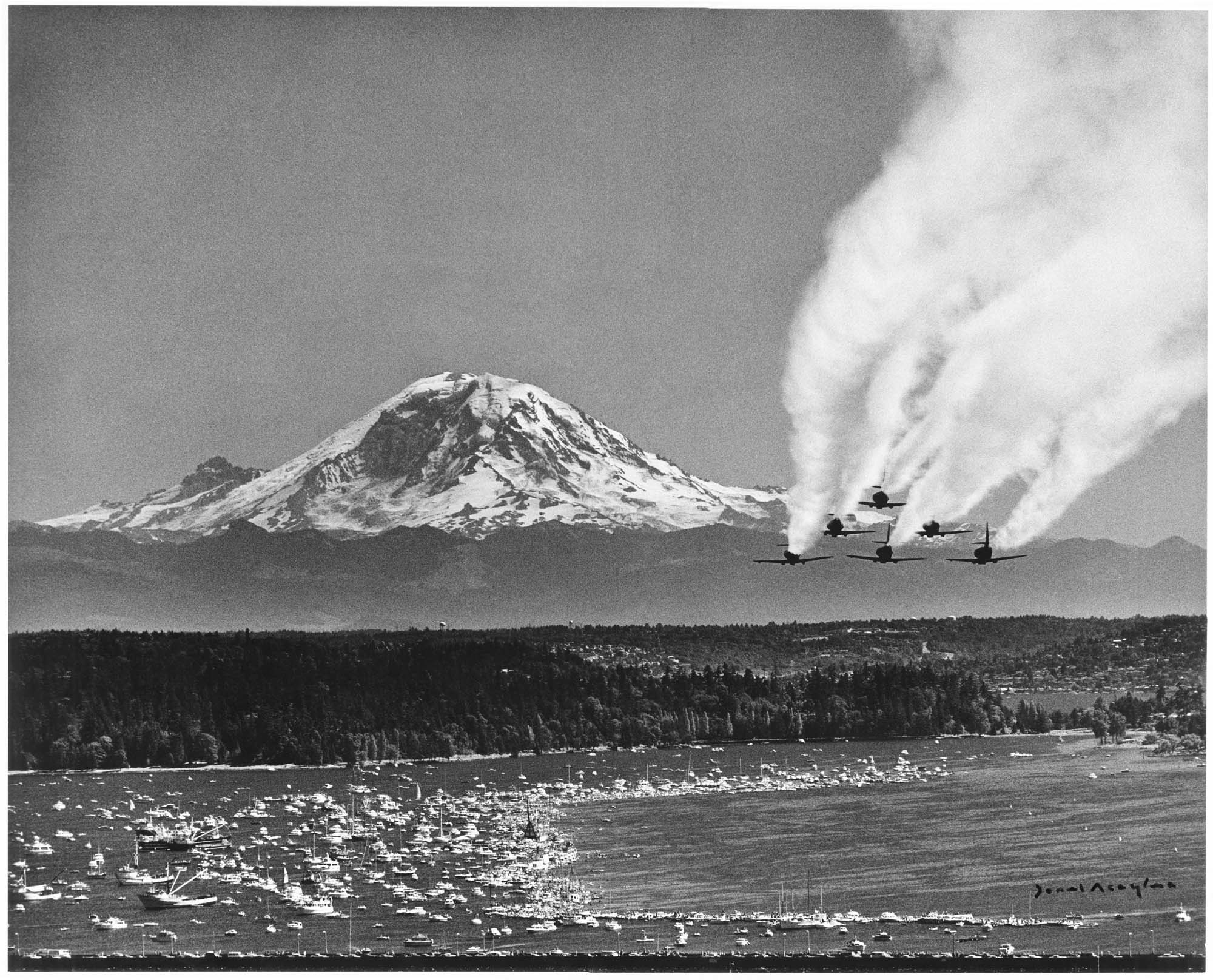 Image of Blue Angels flying over Lake Washington during Seafair, Mount Rainier in background, Seattle, August 1978