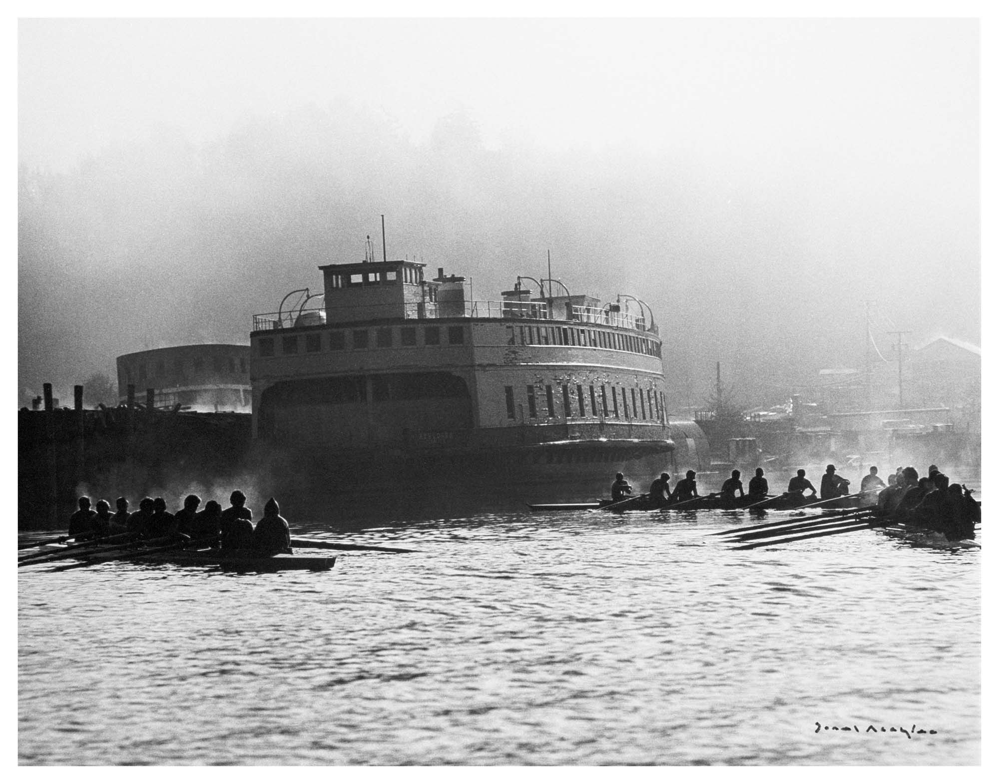 Image of University of Washington crew team rowing on Lake Washington, Kirkland, 1977