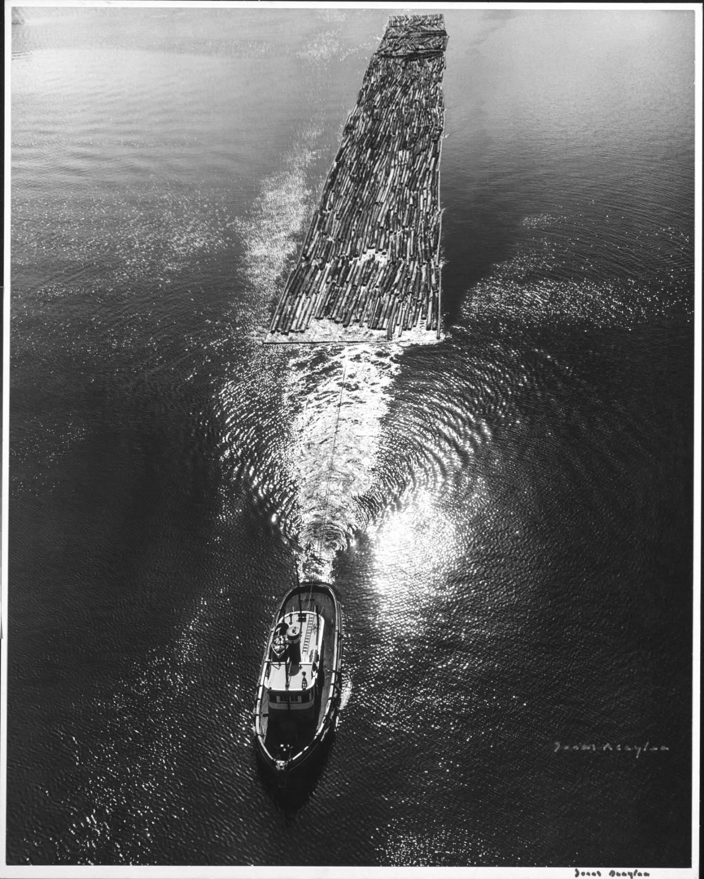 Image of Boat towing logs on Lake Union, Seattle, 1955