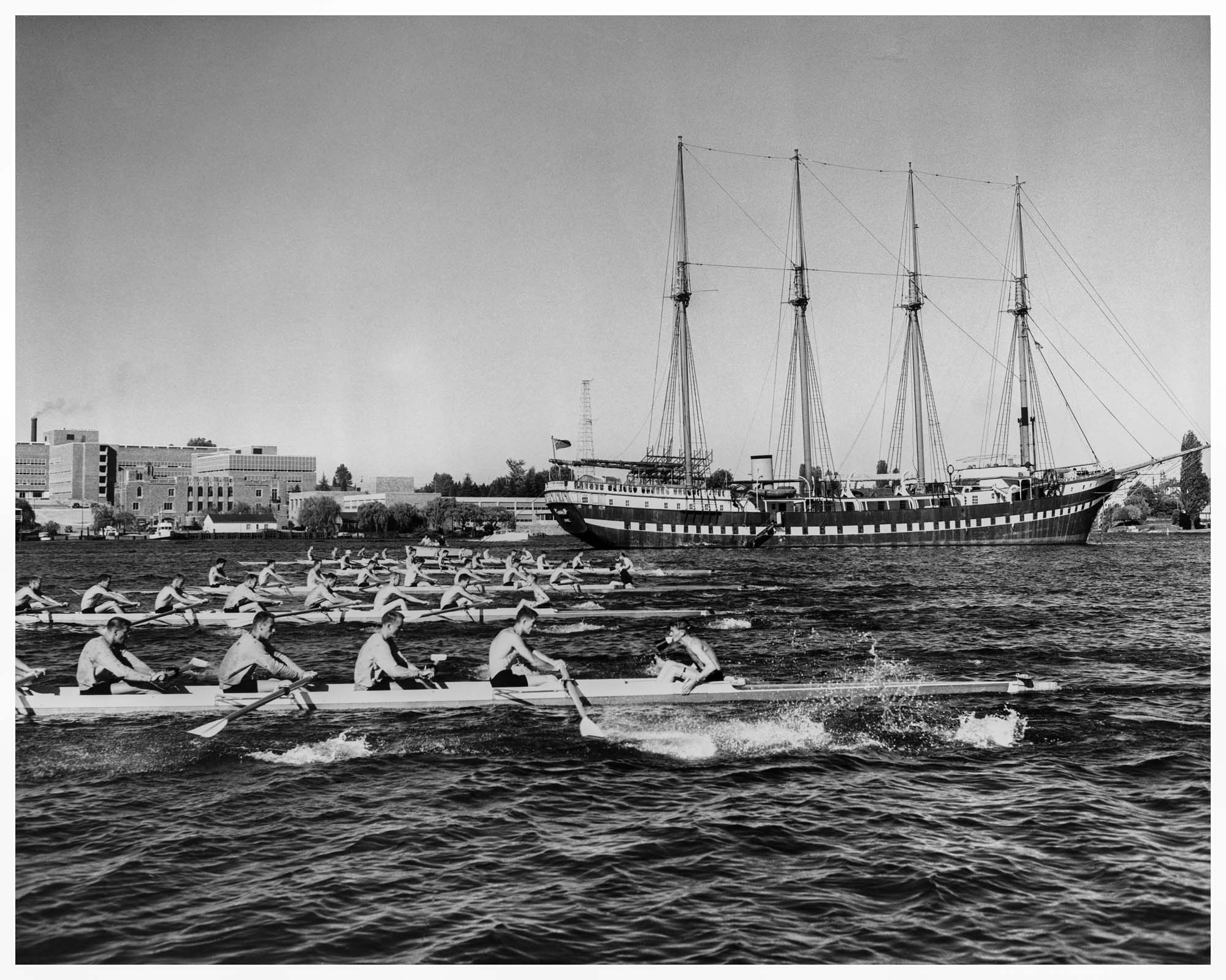 Image of University of Washington crew team rowing near yacht Fantome, Seattle, 1954