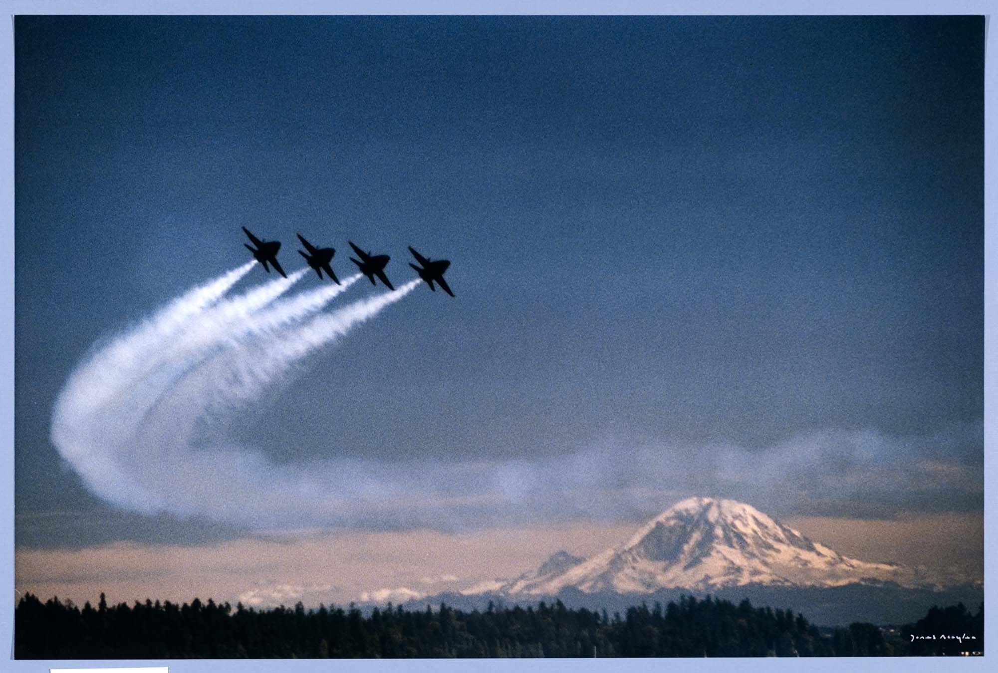 Image of Blue Angels flying over Lake Washington during Seafair, Mount Rainier in background, Seattle, 1987