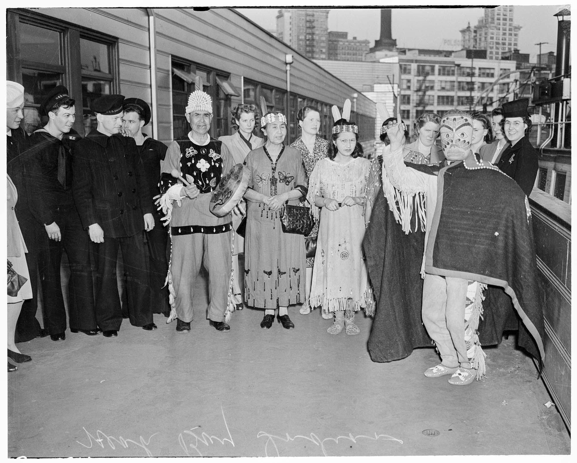 Image of Makah dancing at Colman Dock, Seattle, March 22, 1941