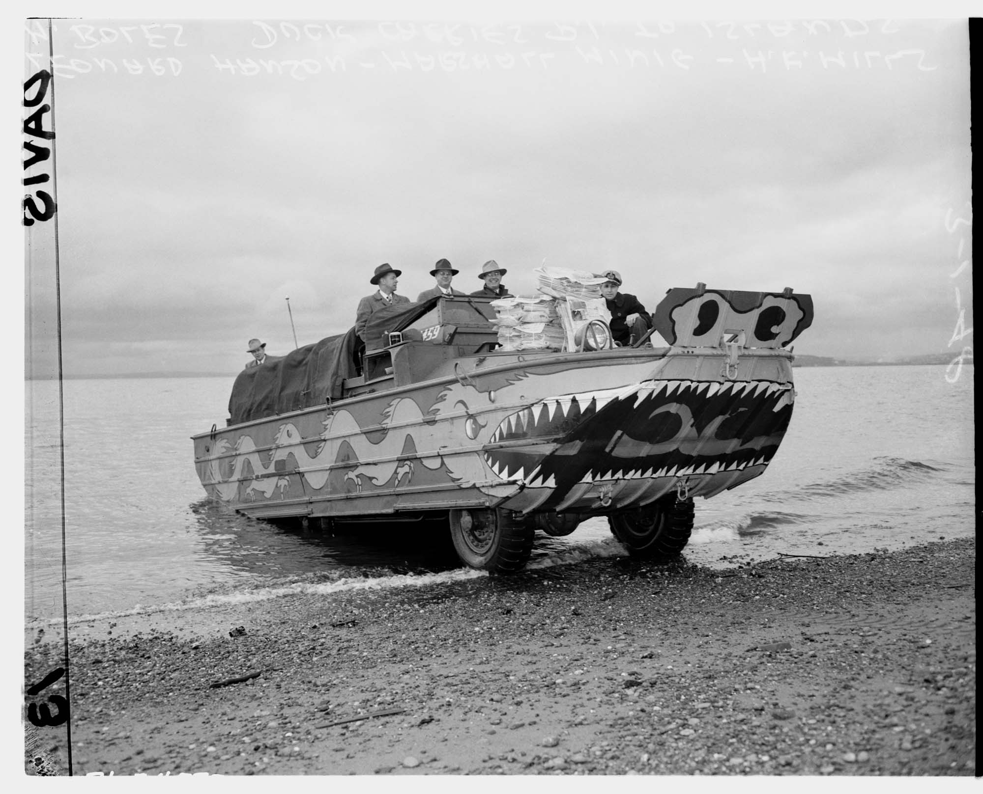 Image of Amphibious vehicle carrying newspapers, Seattle, March 1, 1948