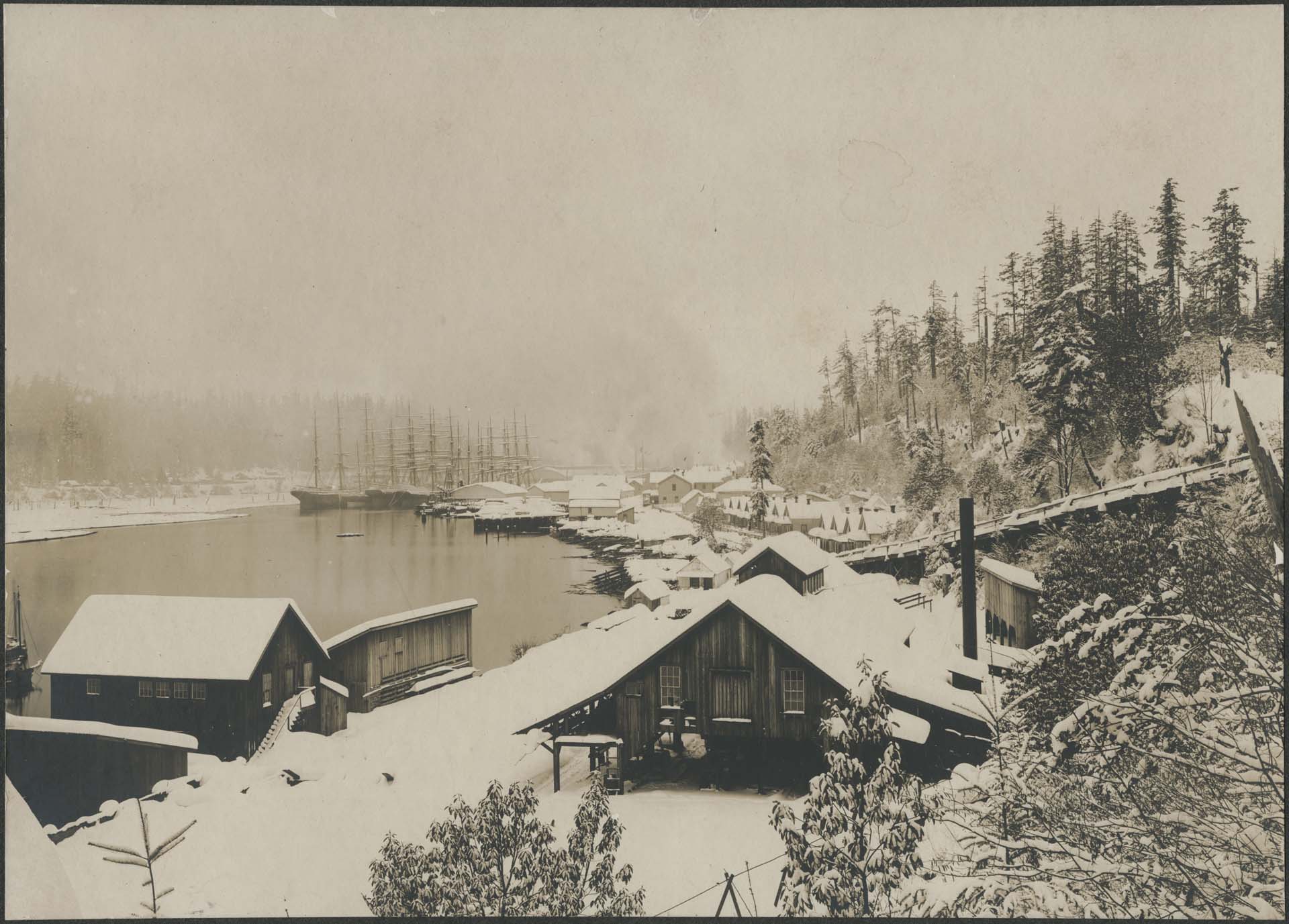 Image of Port Blakely planing mill in snow, January 1880