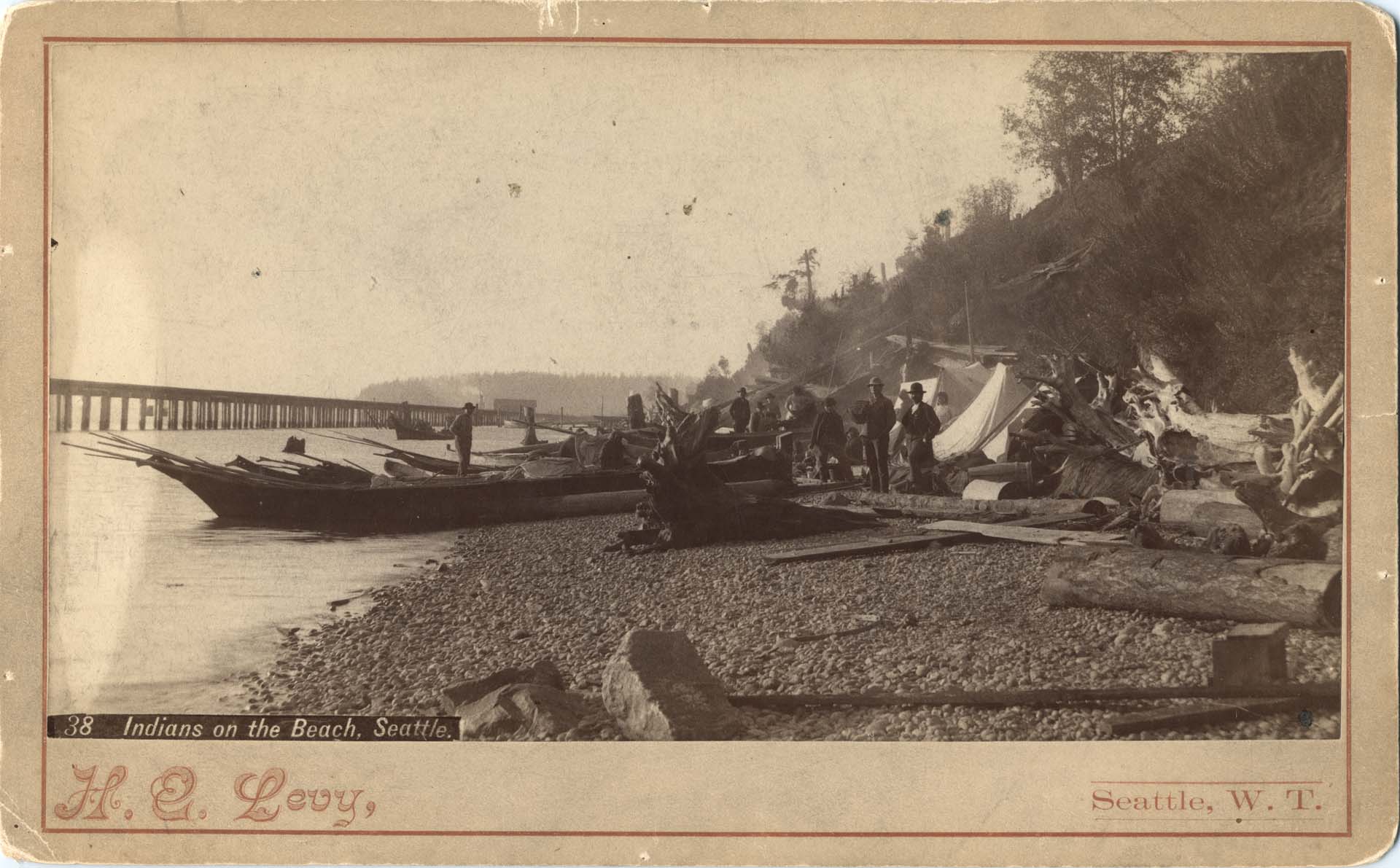 Image of Native camp on the beach, Seattle, circa 1885