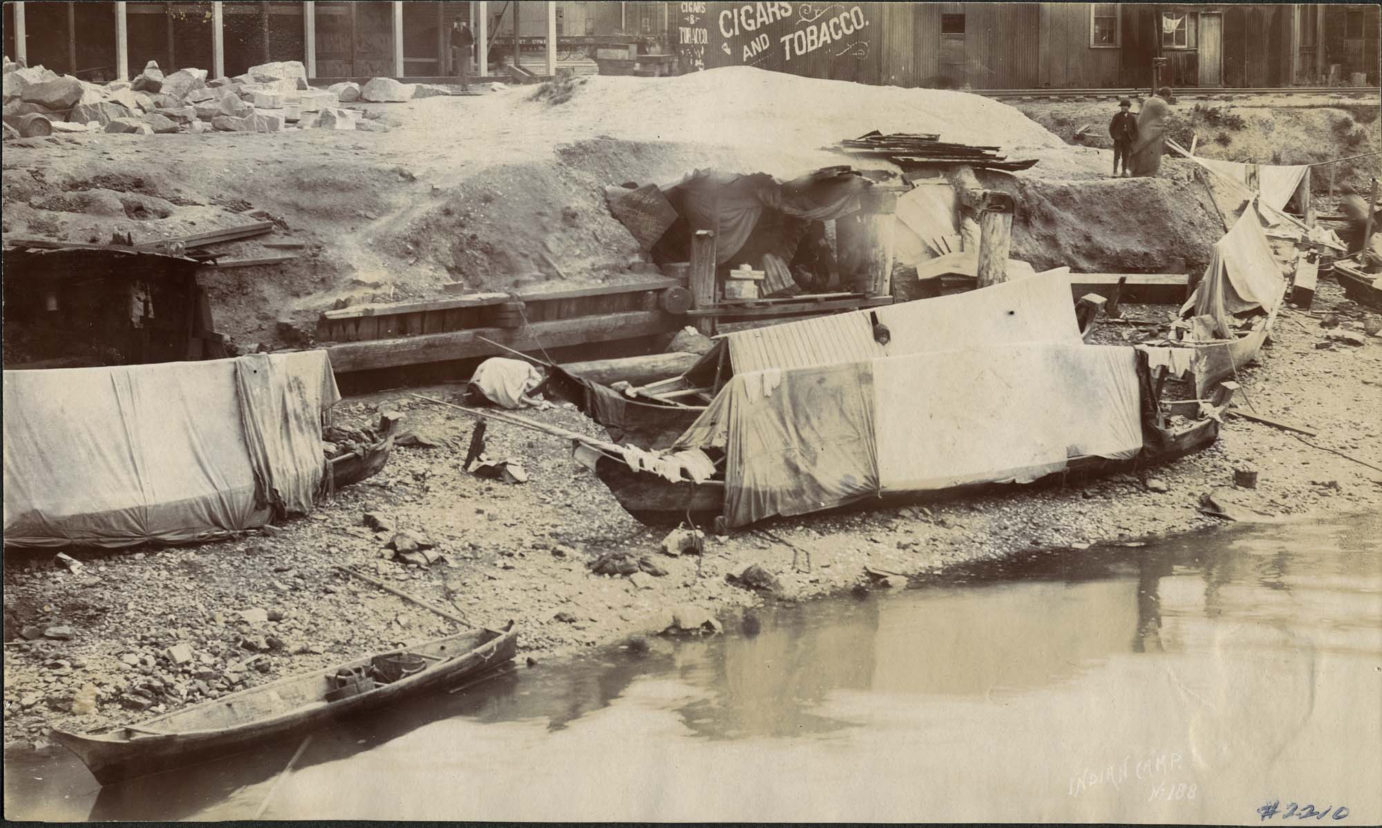 Image of Indigenous encampment at the Seattle waterfront, circa 1895