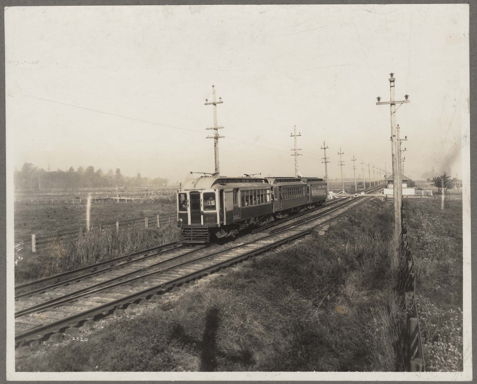 Image of Seattle-Tacoma interurban trolley near Kent, Washington, circa 1909