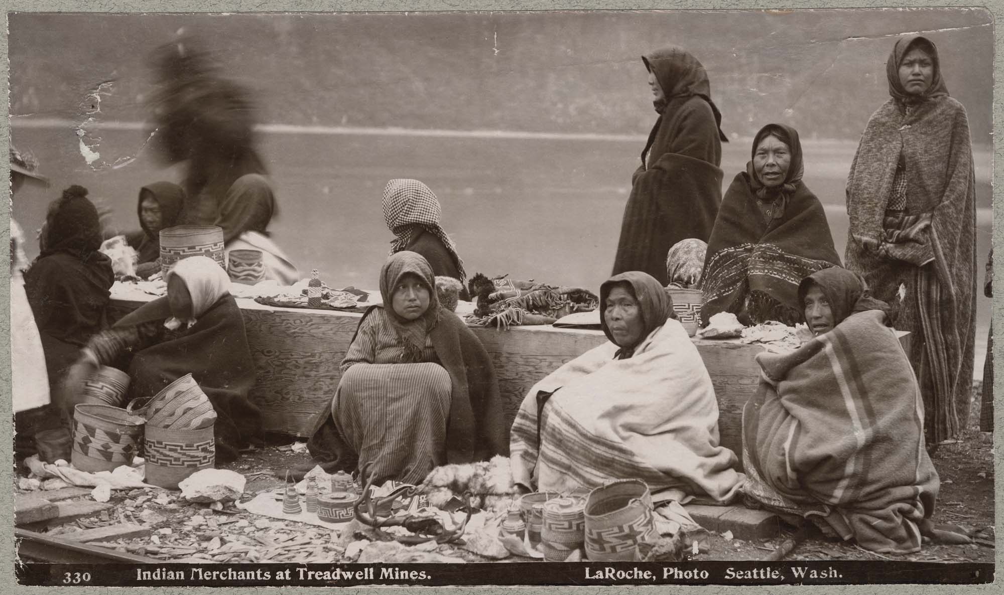Image of Indigenous women merchants at Treadwell Mines on Douglas Island, Alaska, July 1897