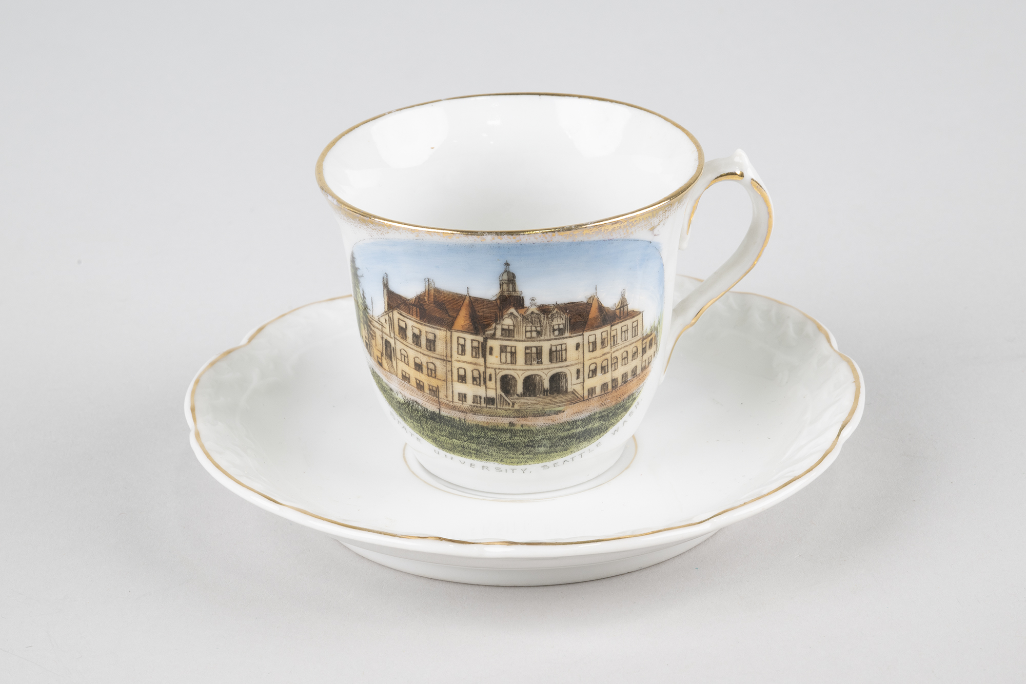 Image of Souvenir cup and saucer, showing “State University, Seattle Wash,
