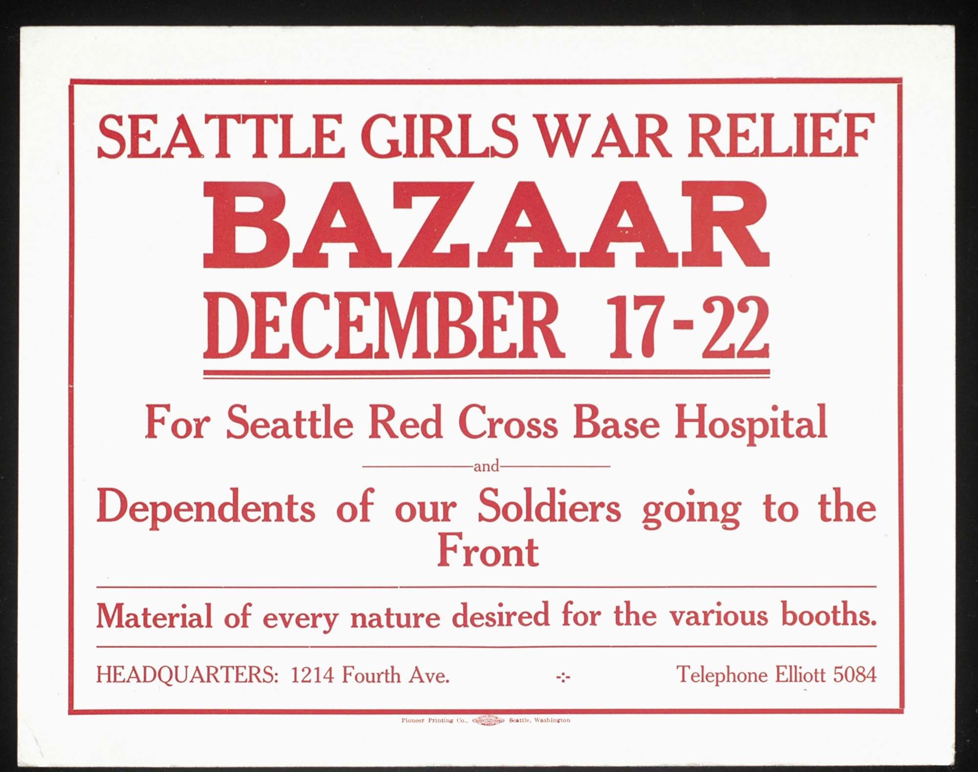 Image of Seattle Girls War Relief Bazaar sign, 1917