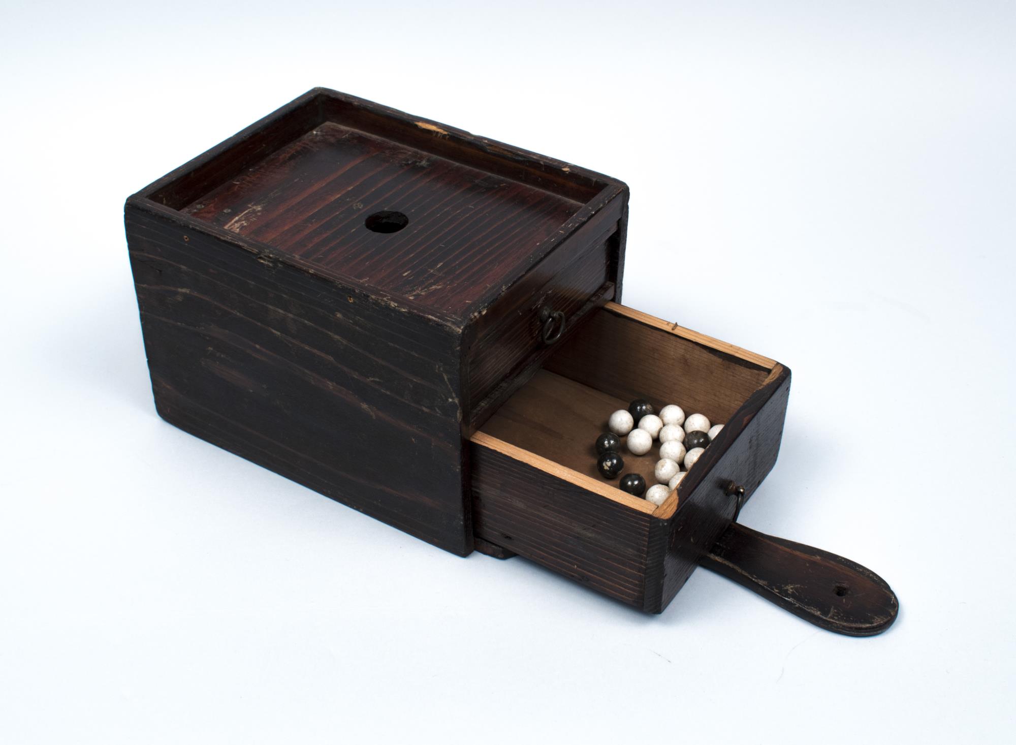 Image of Ballot box with 29 white marbles and 8 black marbles, ca. 1880