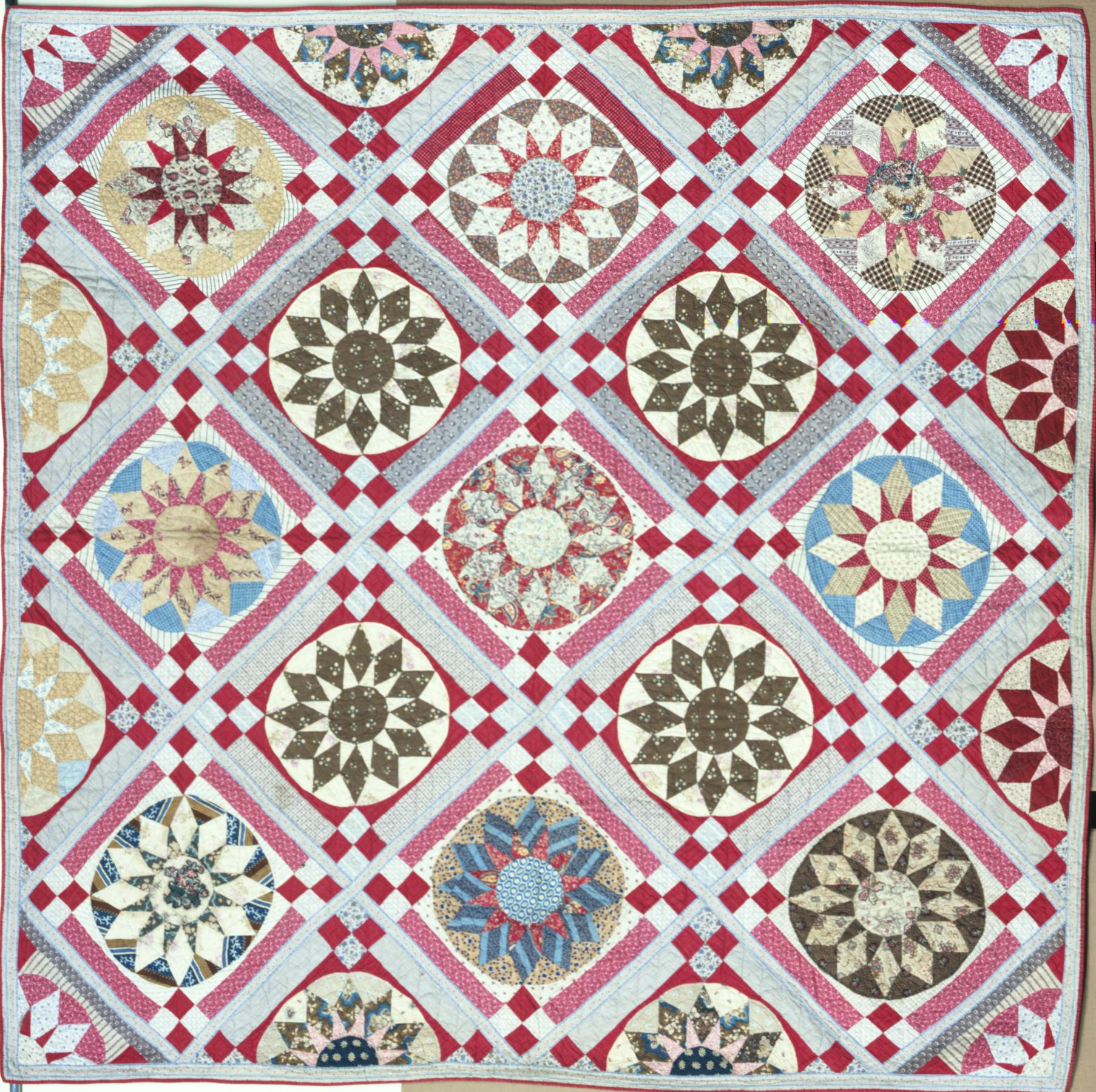 Image of Pieced quilt in sunflower pattern, ca. 1850