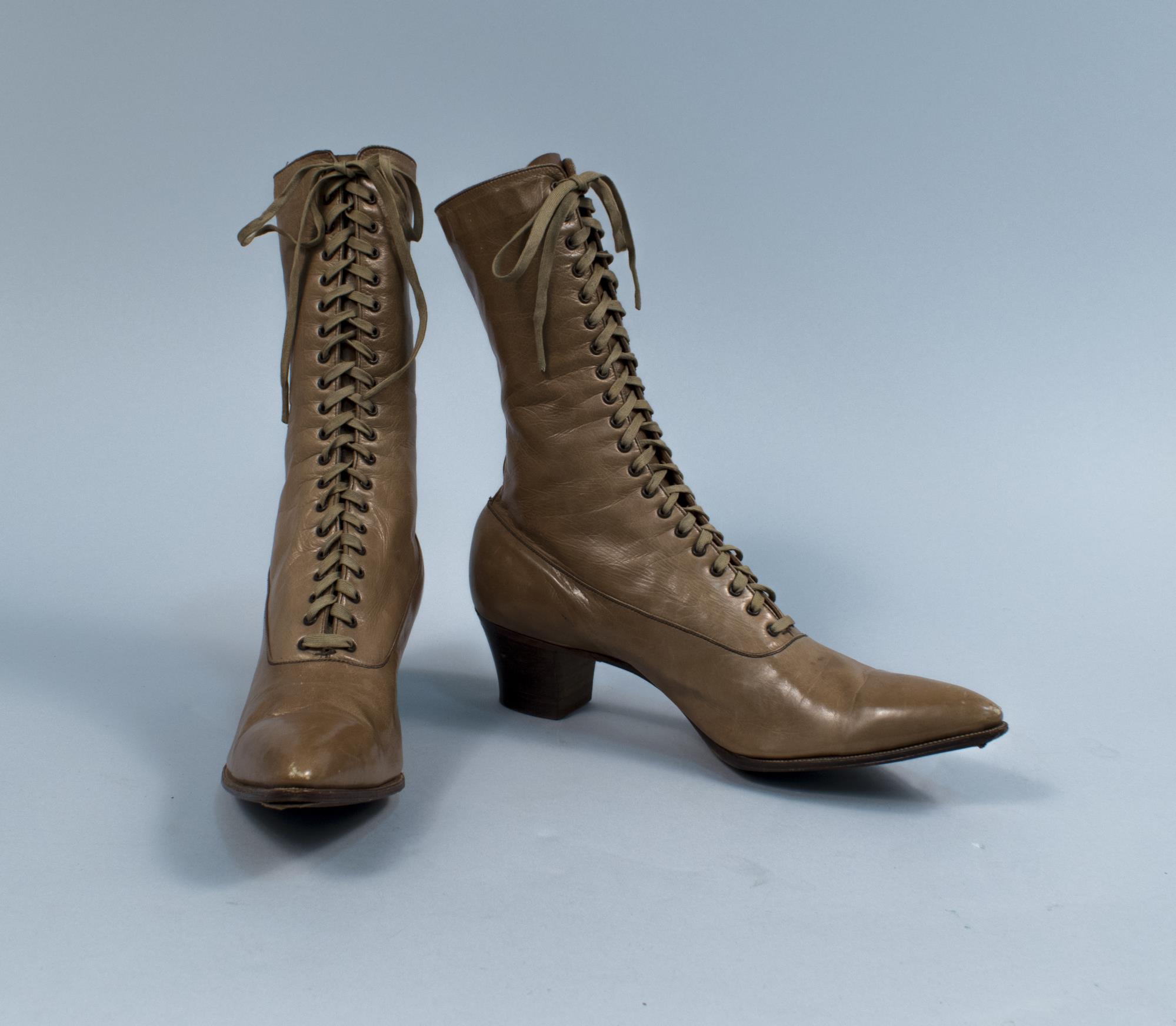Image of High laced tan leather shoes, ca. 1910