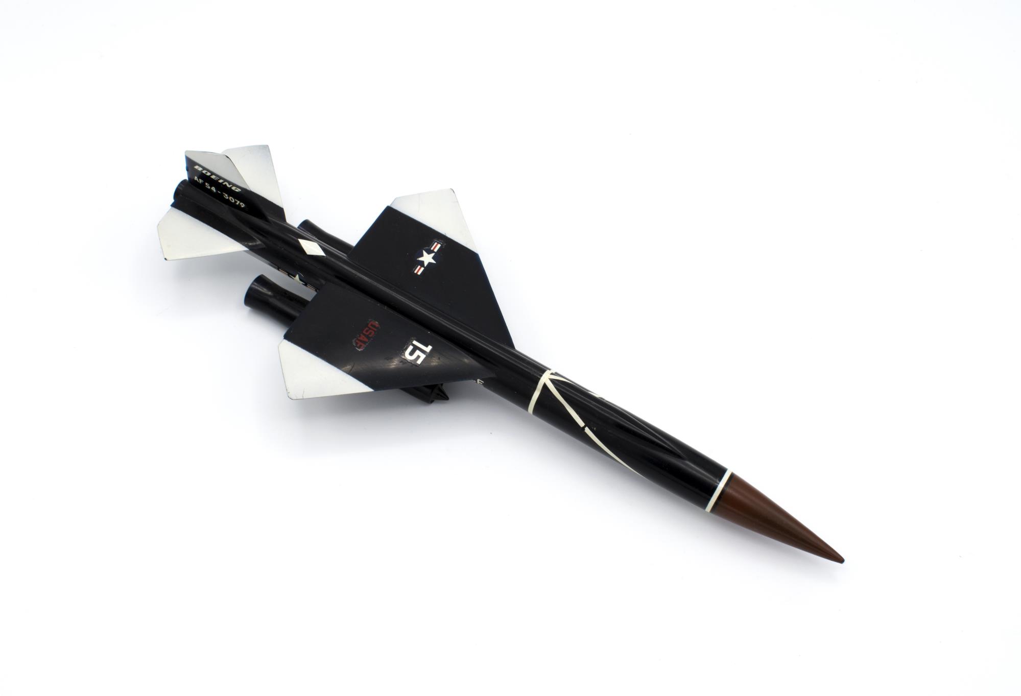 Image of Black plastic model of a Boeing AF54-3079 Bomarc IM 99 US Air Force missile, ca. 1955-1960
