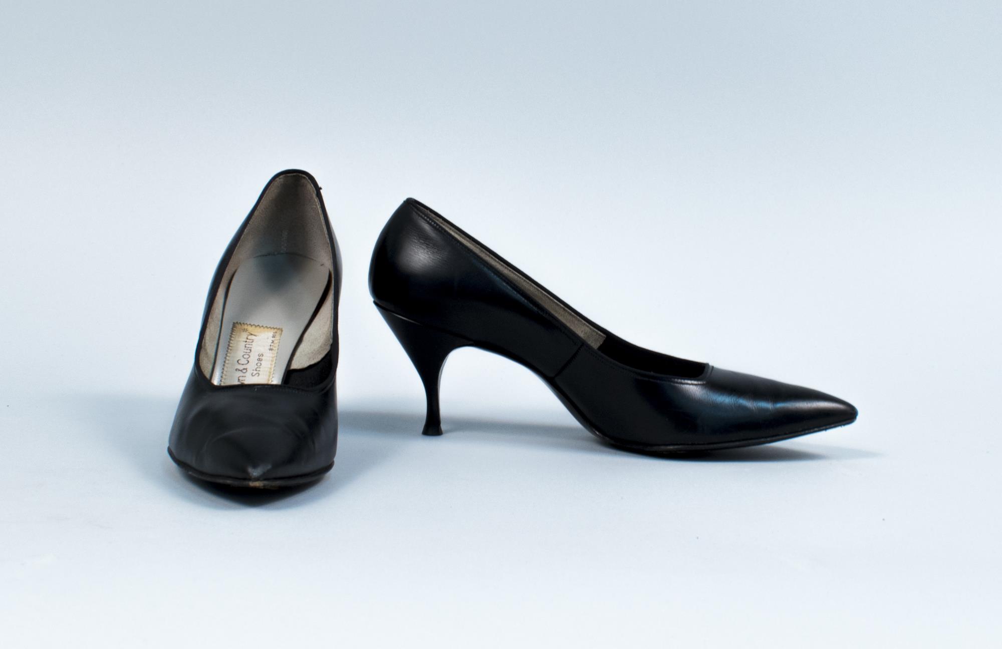 Image of Pair of plain black pumps, worn as part of Century 21 Seattle World's Fair Fashion Show, 1962