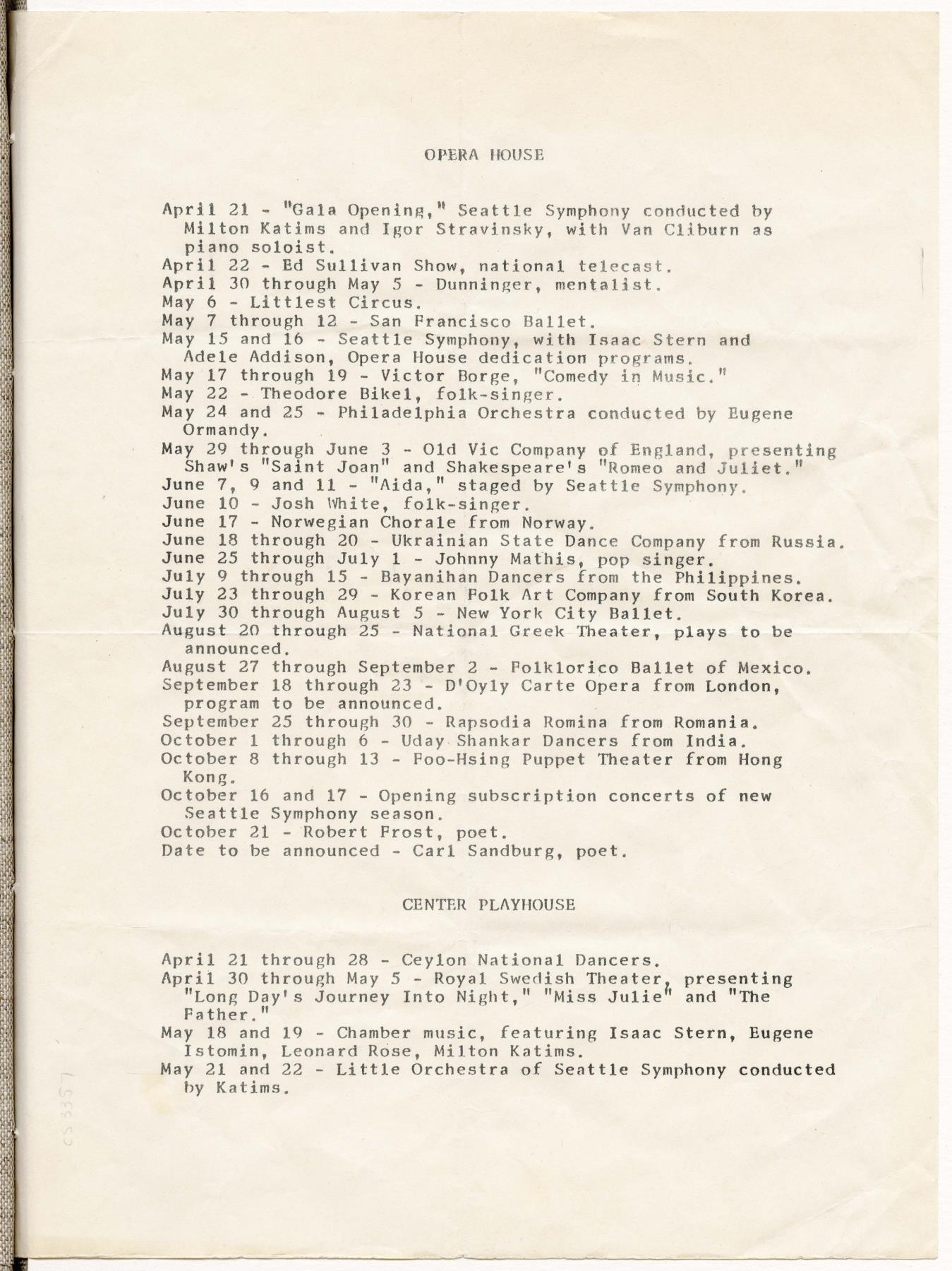 Image of Schedule of performances at the Opera House, Center Playhouse, Arena, and Stadium for the Seattle World's Fair, April 21-October 21, 1962