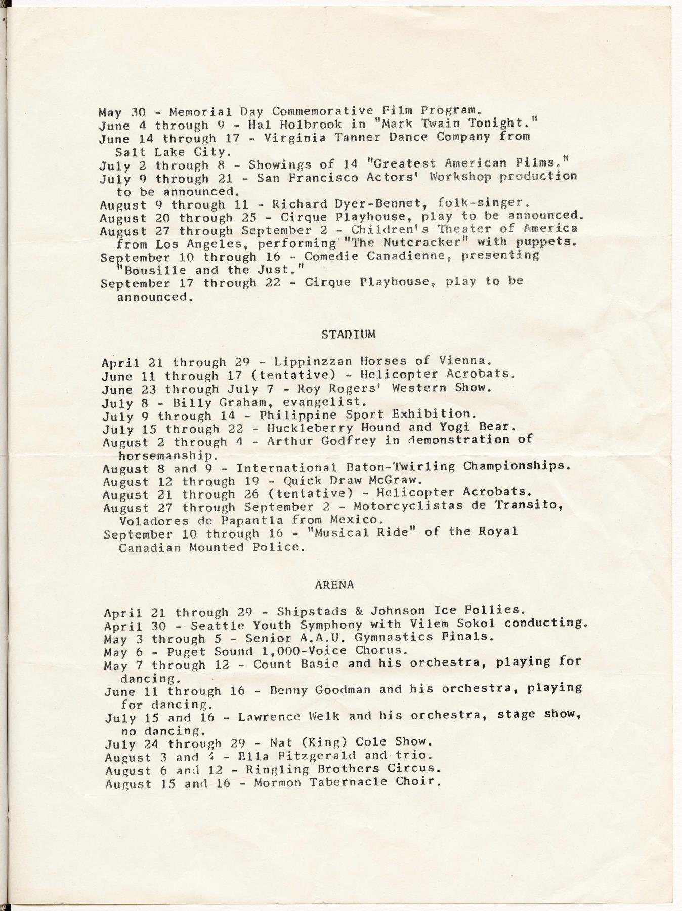 Image of Schedule of performances at the Opera House, Center Playhouse, Arena, and Stadium for the Seattle World's Fair, April 21-October 21, 1962