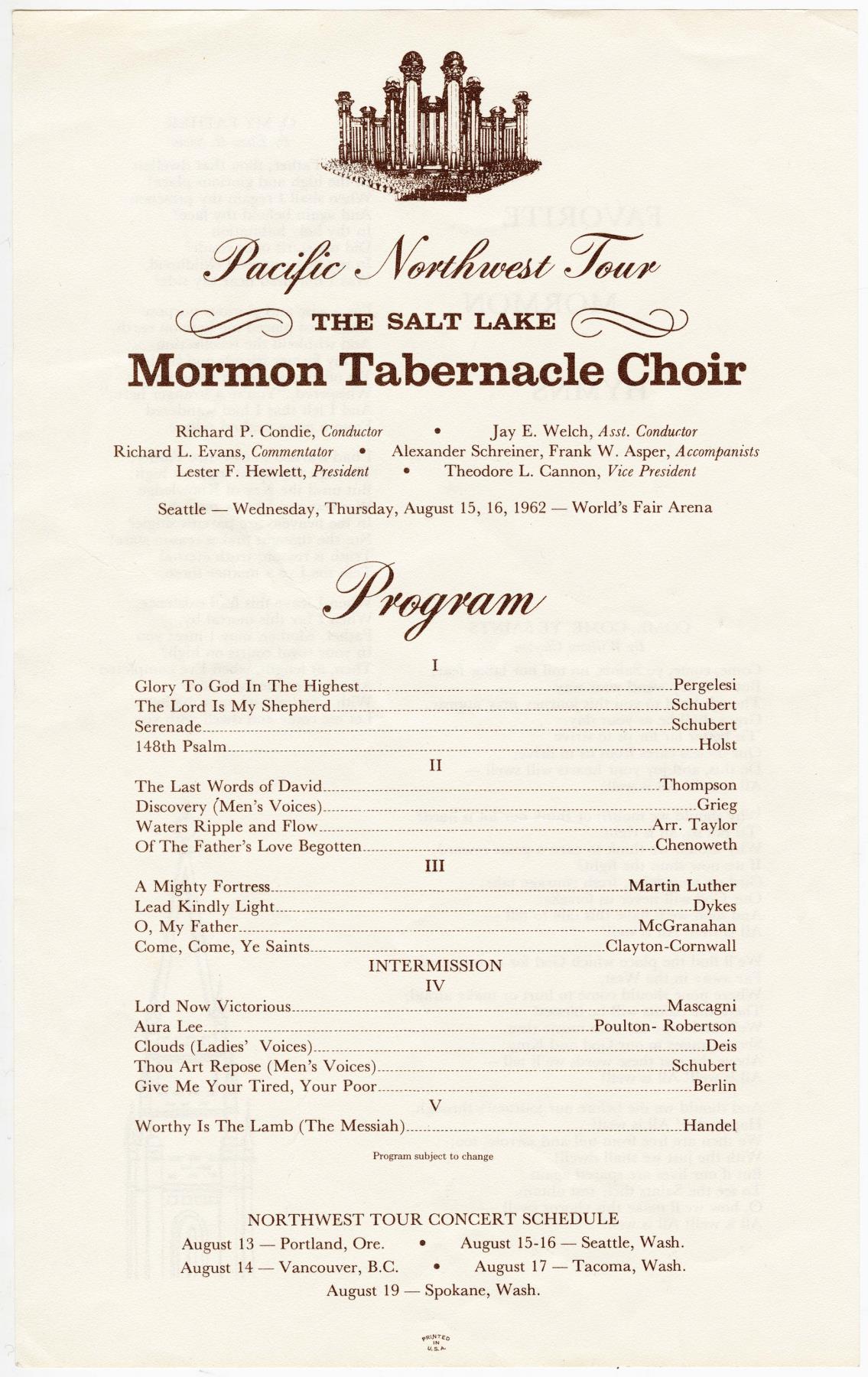 Image of Program for the Pacific Northwest Tour of the Mormon Tabernacle Choir, Seattle World's Fair, August 15-16, 1962