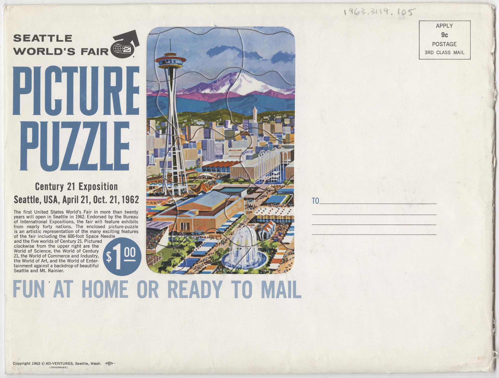Image of Thirty-six piece picture puzzle depicting an illustrated bird's-eye view of the Century 21 Exposition fairgrounds, 1962