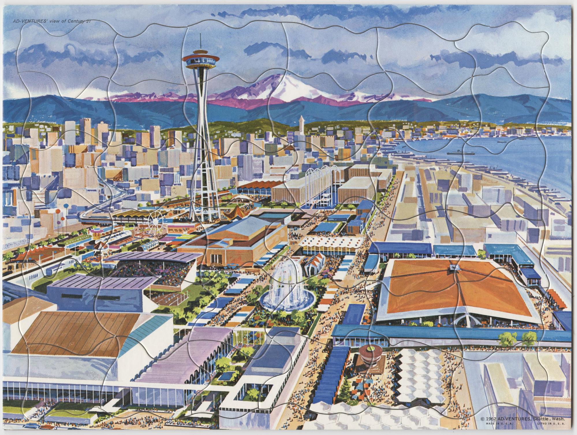 Image of Thirty-six piece picture puzzle depicting an illustrated bird's-eye view of the Century 21 Exposition fairgrounds, 1962