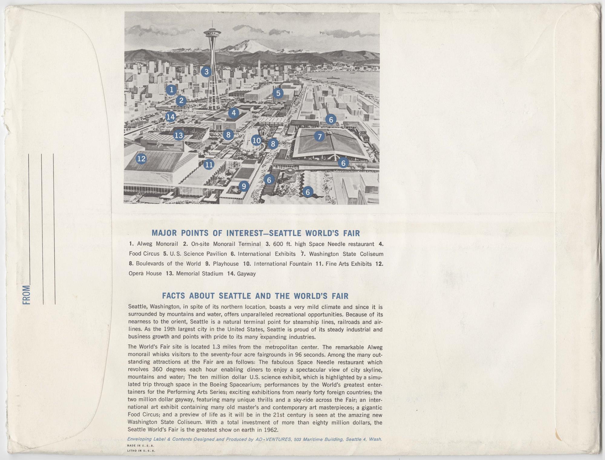 Image of Thirty-six piece picture puzzle depicting an illustrated bird's-eye view of the Century 21 Exposition fairgrounds, 1962