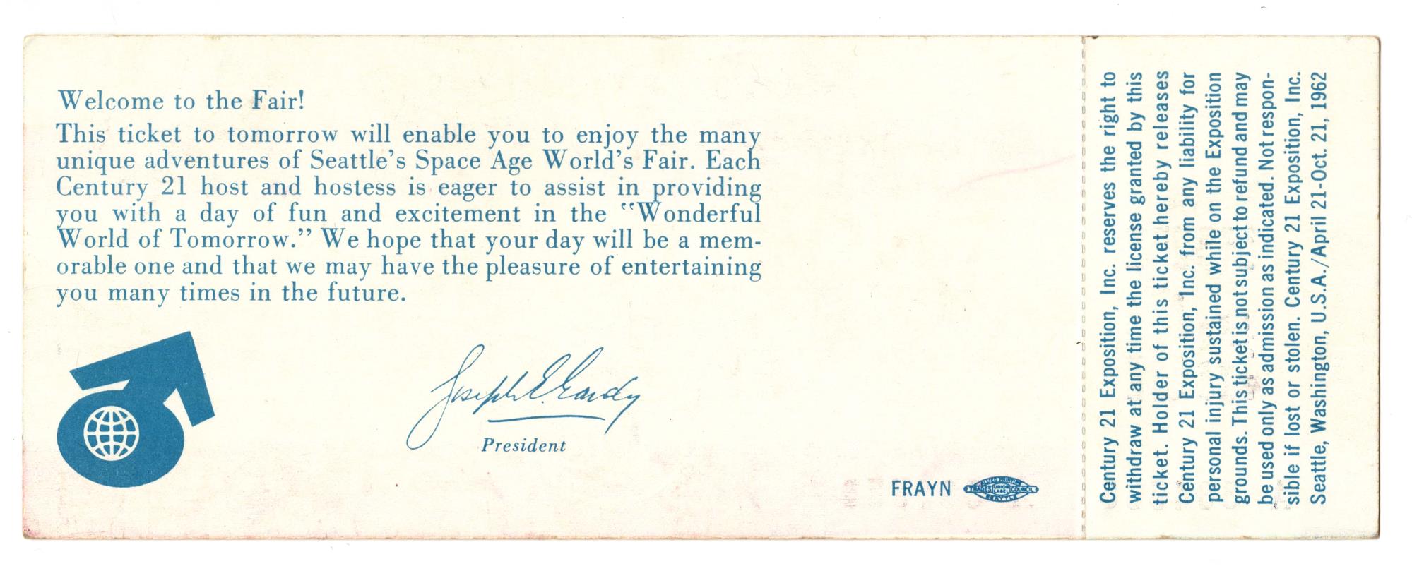 Image of Adult General Admission ticket, Seattle World's Fair, 1962