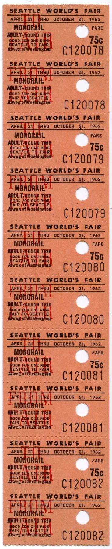 Image of Strip of tickets good for one adult round-trip ride on the Monorail, Seattle World's Fair, 1962