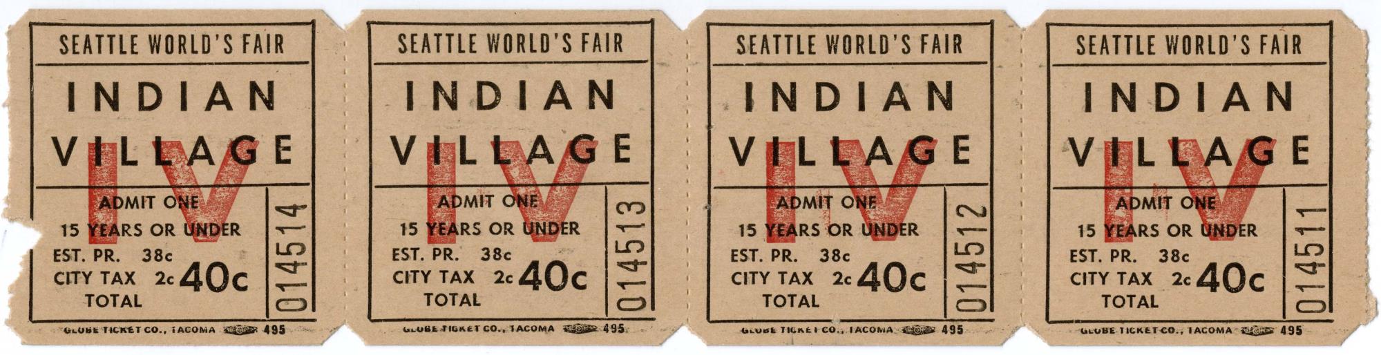 Image of Strip of young adult admission tickets for the Indian Village exhibit, Seattle World's Fair, 1962