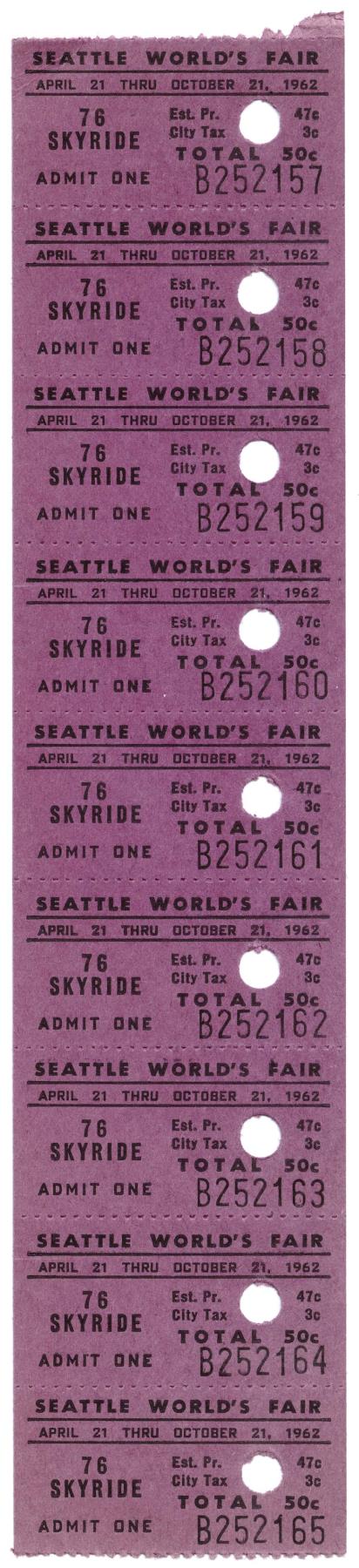 Image of Strip of adult admission tickets for the 76 Skyride, Seattle World's Fair, 1962