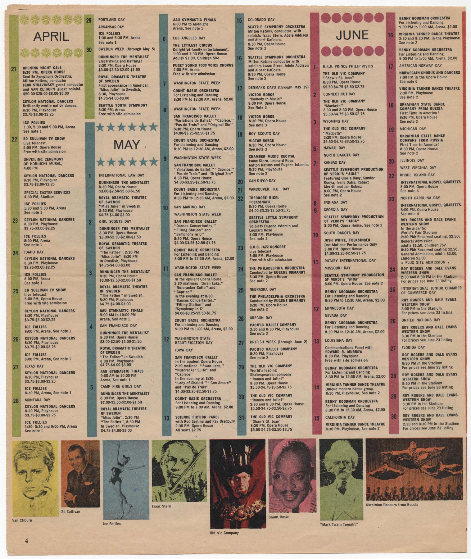 Image of Schedule of Events for the Seattle World's Fair, March 1962