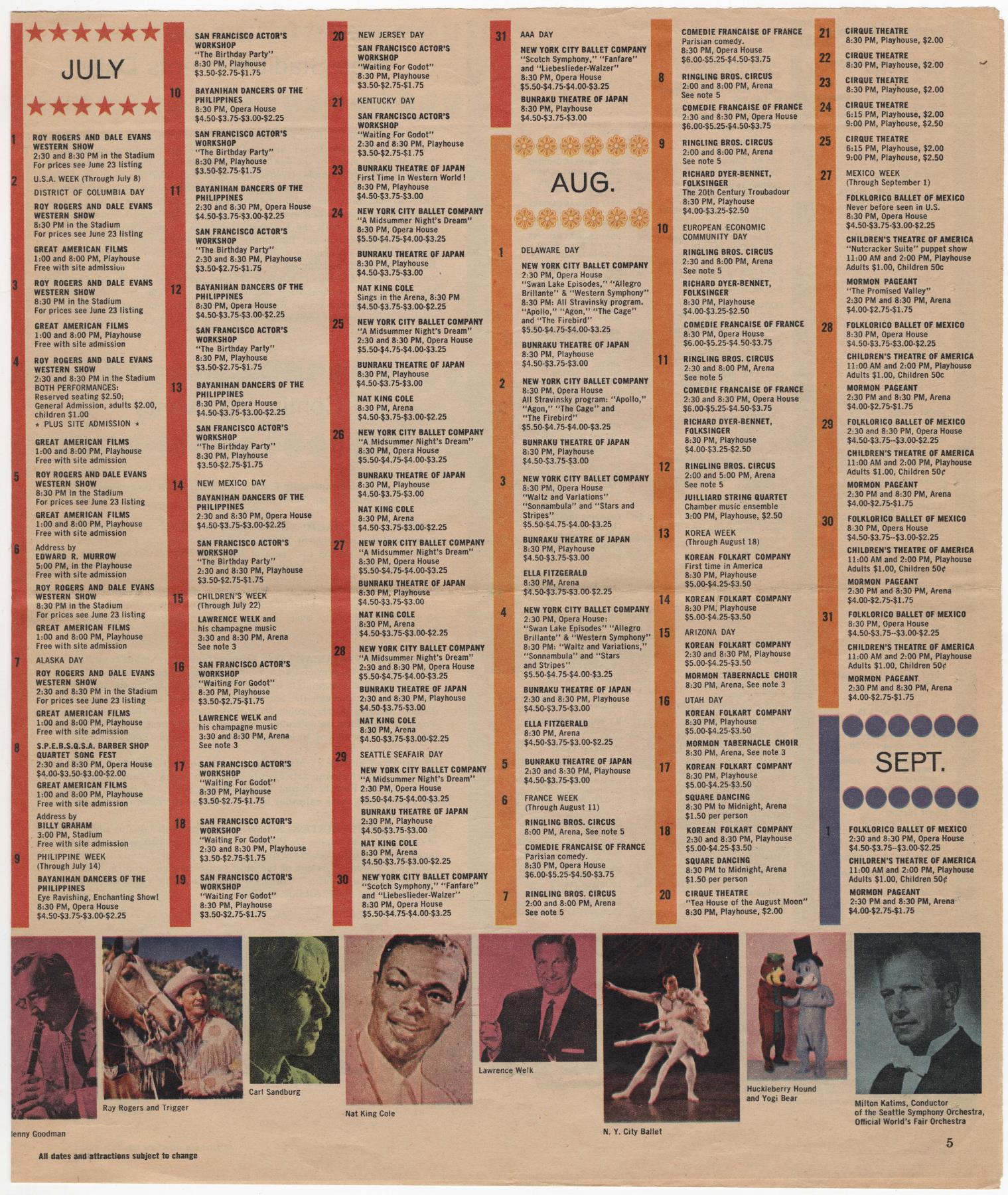 Image of Schedule of Events for the Seattle World's Fair, March 1962