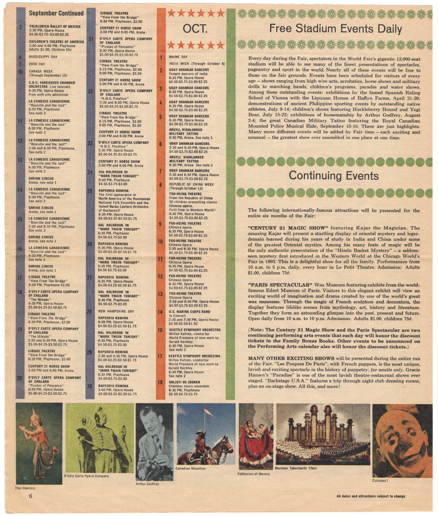 Image of Schedule of Events for the Seattle World's Fair, March 1962