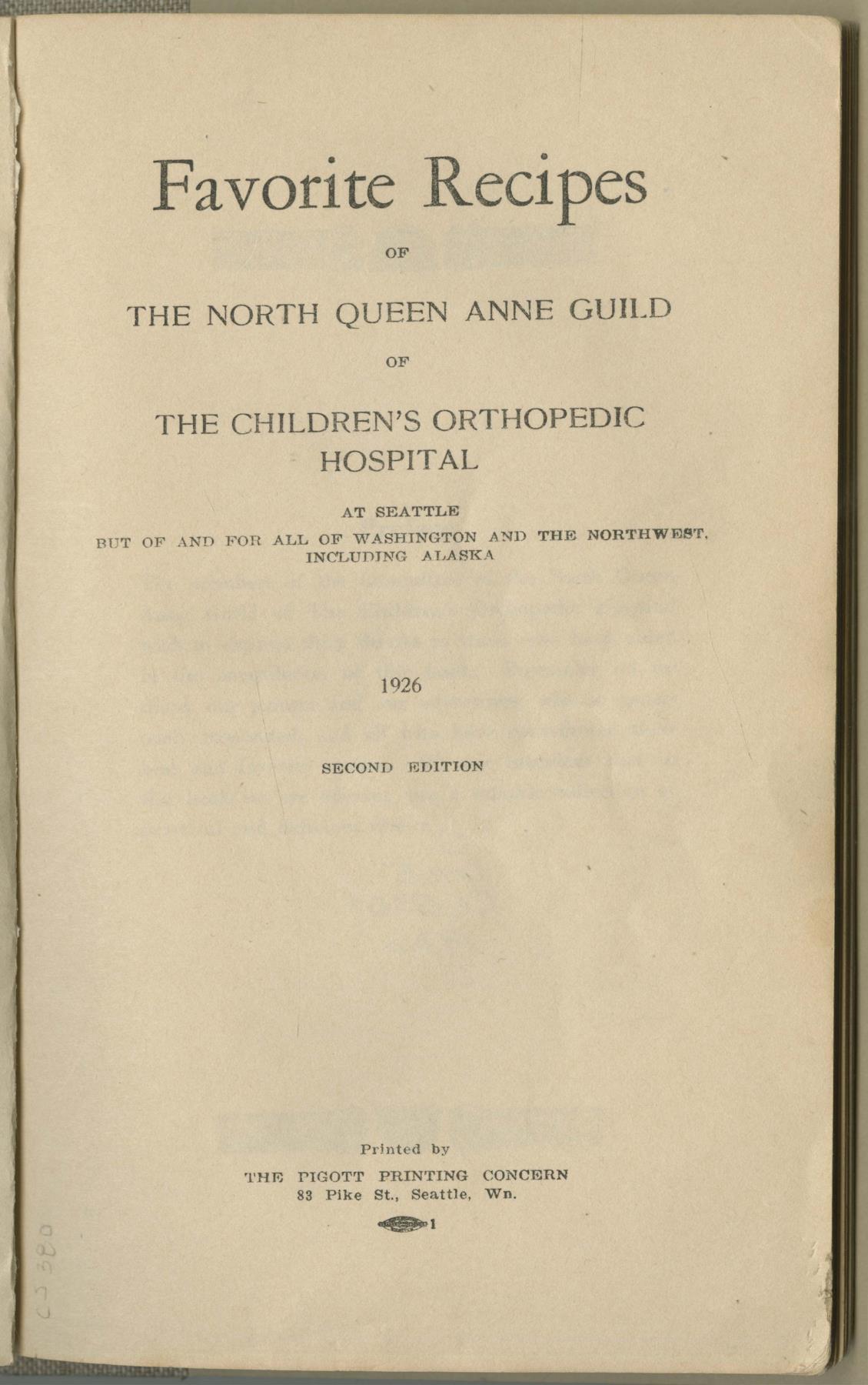 Image of Favorite Recipes of the North Queen Anne Guild of the Children's Orthopedic Hospital, 1926