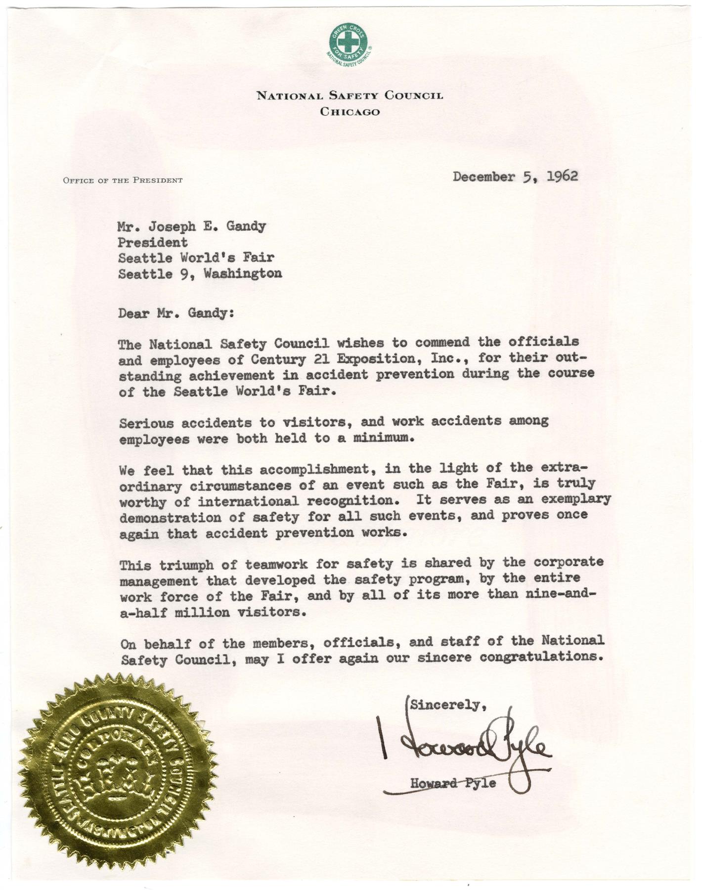 Image of Letter from the National Safety Council of Chicago to Seattle World's Fair President Joseph E. Gandy, December 5, 1962