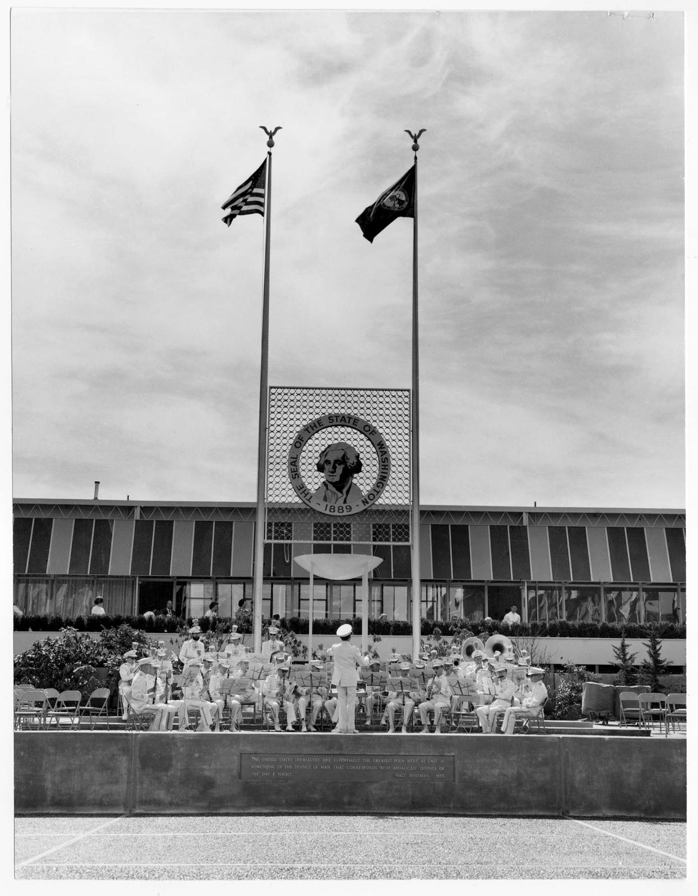 Image of Jackie Souder's World's Fair band playing in Plaza of the States, Seattle World's Fair, 1962