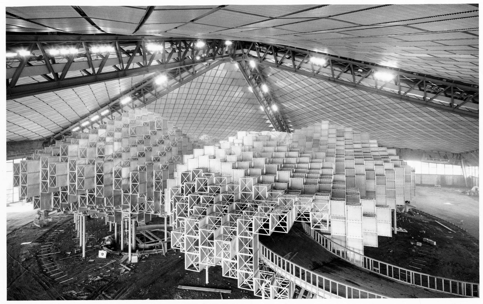 Image of Cubed structure for the World of Tomorrow exhibit under construction, Seattle World's Fair, 1962