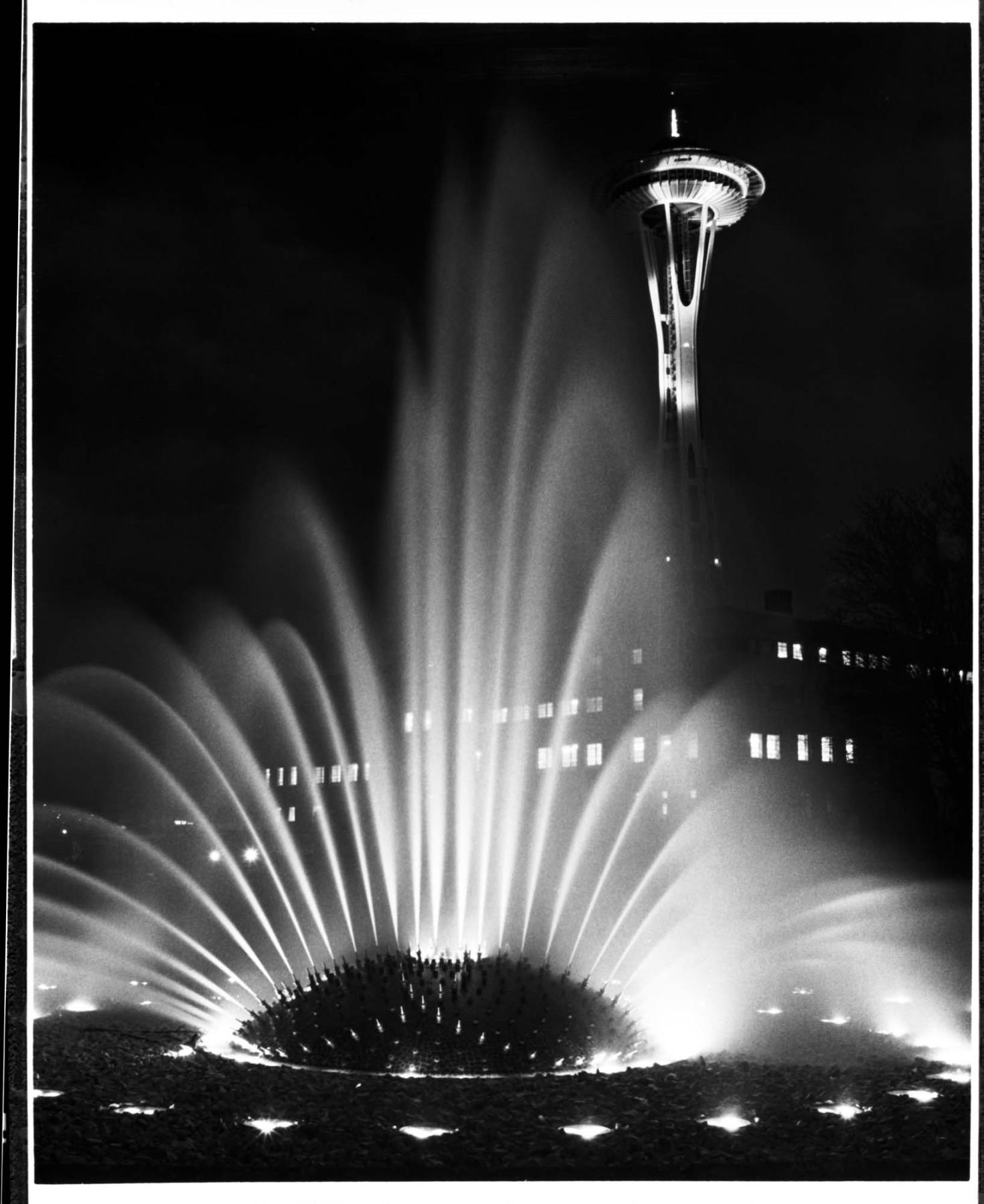 Image of International Fountain and Space Needle at night, Seattle World's Fair, 1962