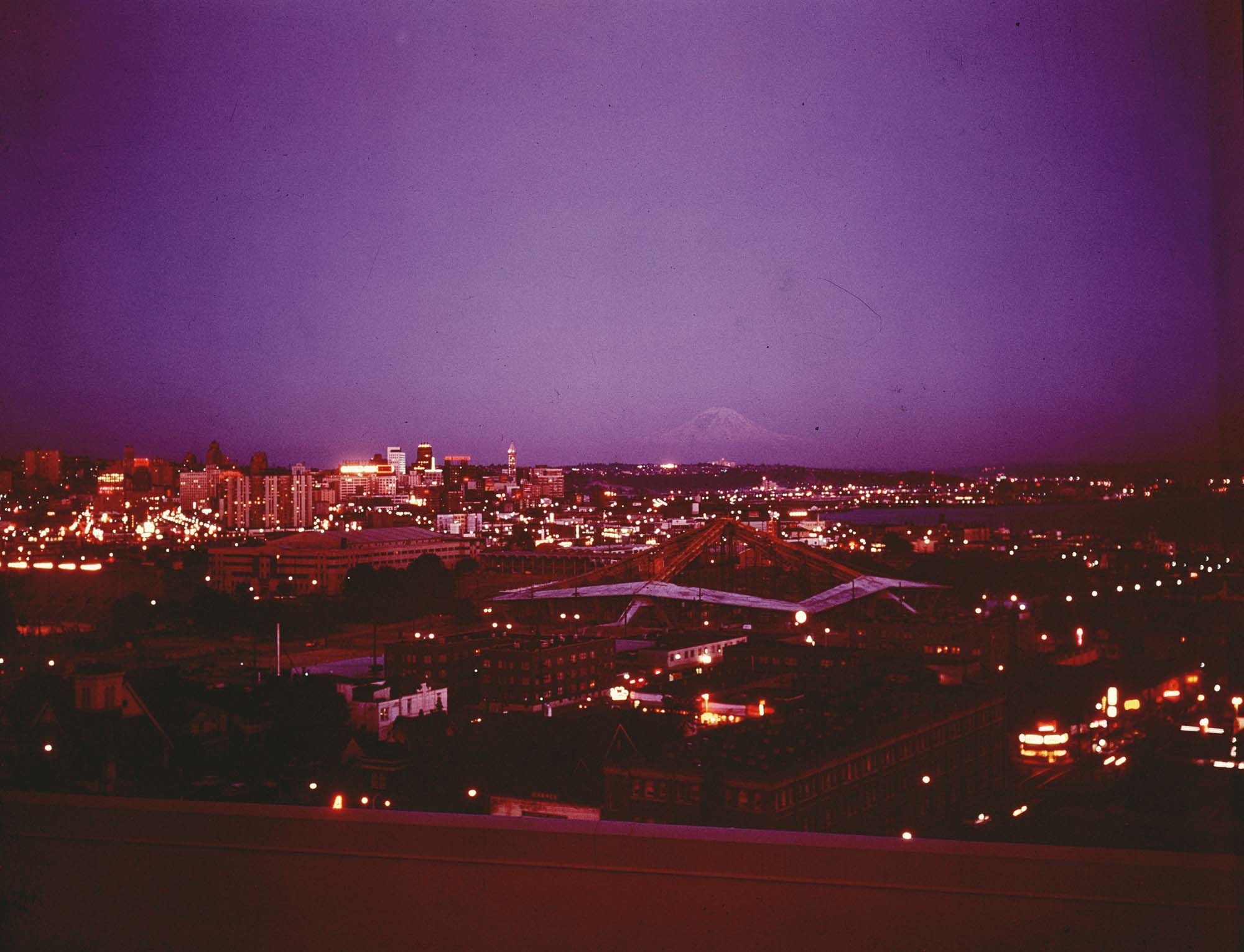 Image of Seattle World's Fair site at dusk, circa 1961
