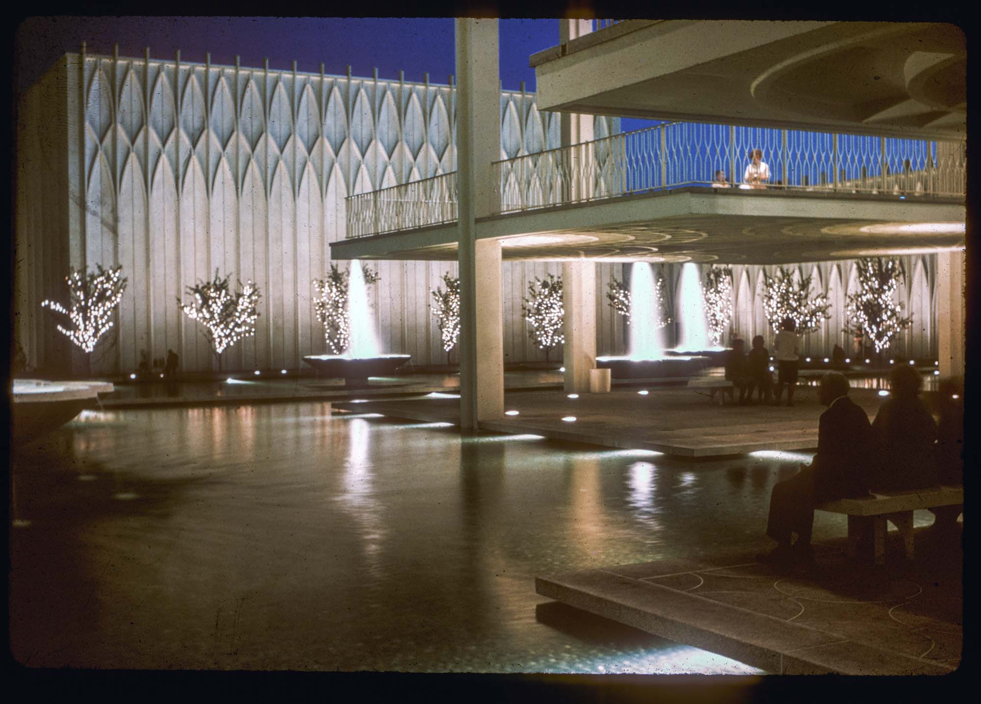 Image of The pools of the Science Pavilion at night, Seattle World's Fair, 1962